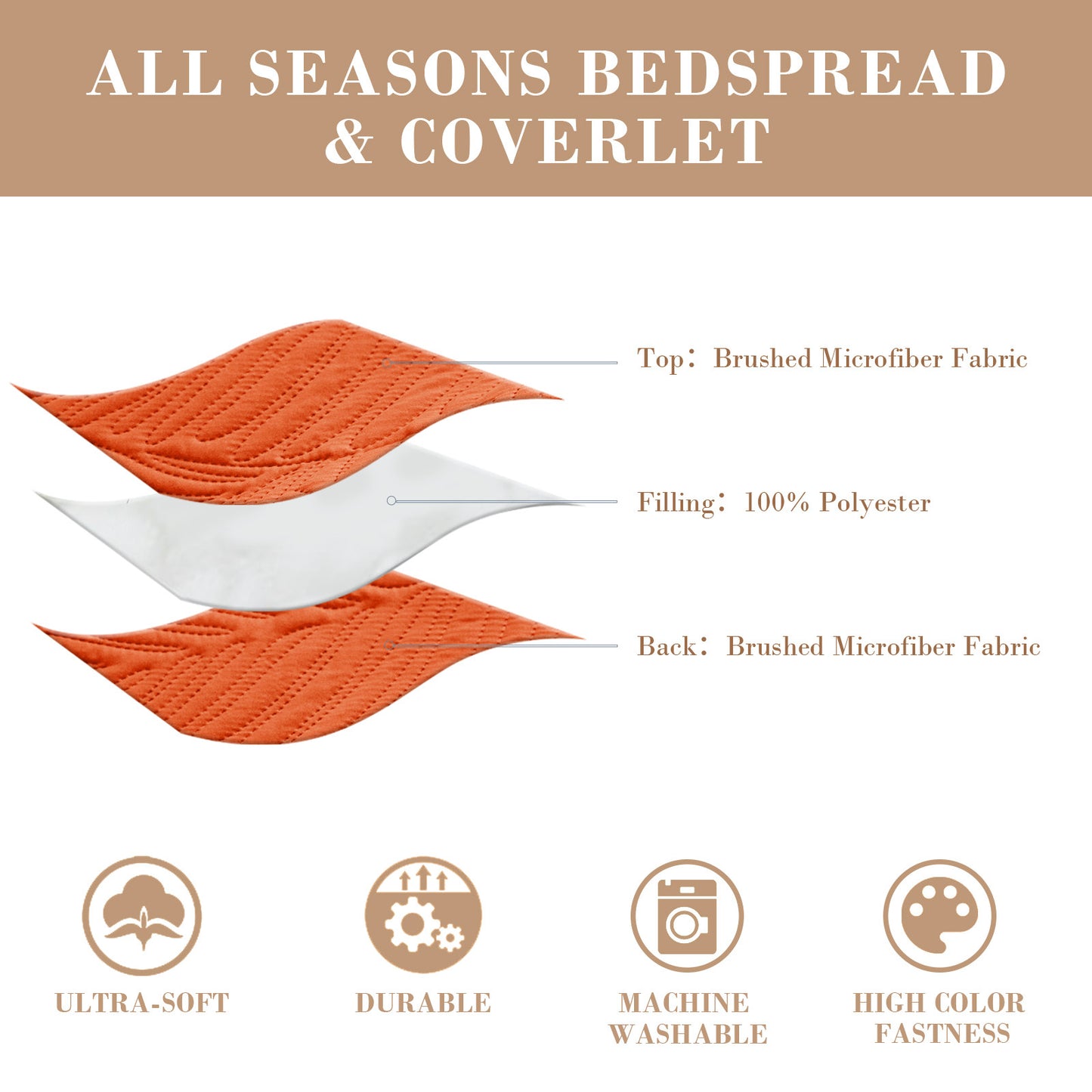 Exclusivo Mezcla Ultrasonic King Size Quilt Set Burnt Orange, 3 Pieces Lightweight Bedspread Leaf Pattern Bed Cover Soft Microfiber Coverlet Bedding Set for All Seasons