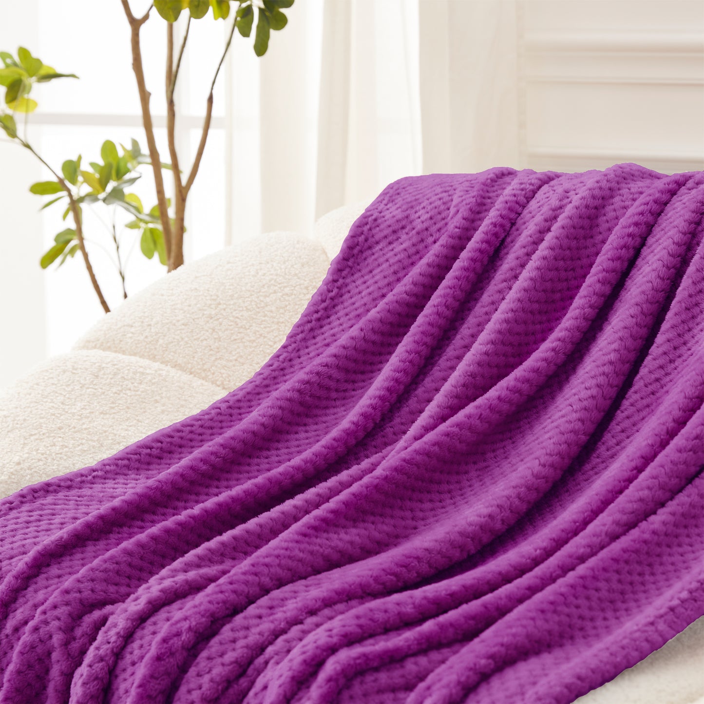 Exclusivo Mezcla Waffle Textured Soft Fleece Blanket, Queen Size Bed Blanket, Cozy Warm and Lightweight (Purple, 90x90 inches)