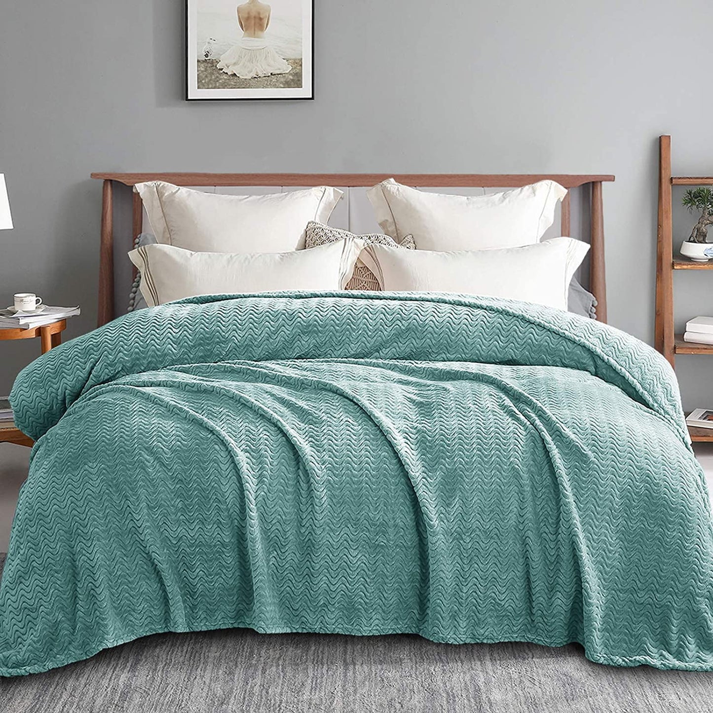 Exclusivo Mezcla King Size Jacquard Weave Wave Pattern Flannel Fleece Velvet Plush Bed Blanket as Bedspread/Coverlet/Bed Cover (90" x 104", Celadon) - Soft, Lightweight, Warm and Cozy