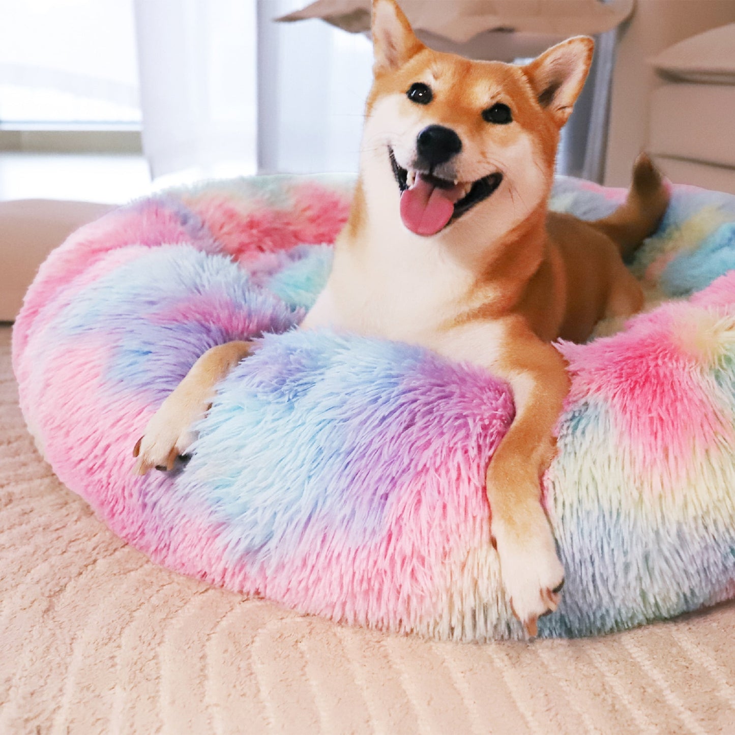 Exclusivo Mezcla Calming Donut Dog Bed for Small Medium and Large Dogs, Anti-Anxiety Plush Cozy Warming Pet Bed (24"x24",Pink Rainbow)