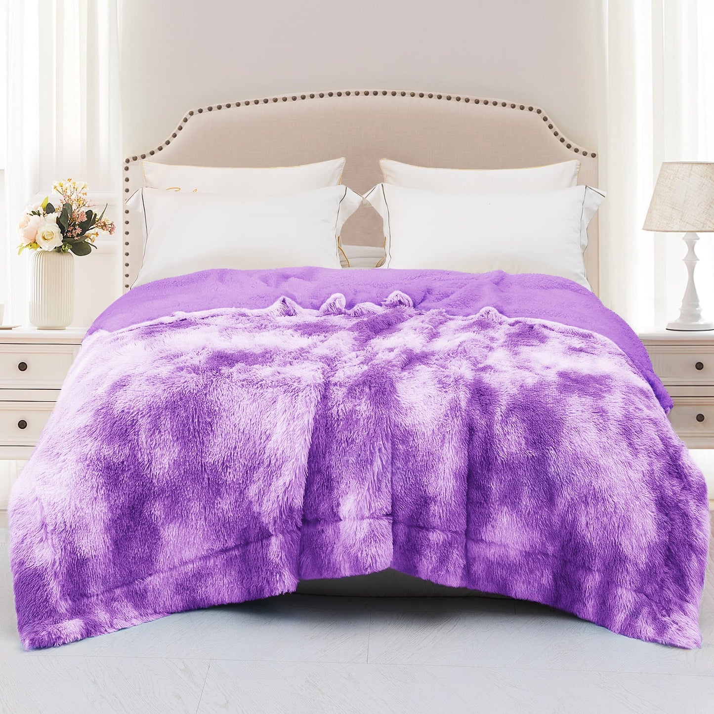 Exclusivo Mezcla King Size Faux Fur Throw Blanket, Super Soft Fuzzy and Plush Reversible Shaggy Sherpa Fleece Blanket and Warm Blankets for Bed, Sofa, Travel, 90X104 inches, Purple