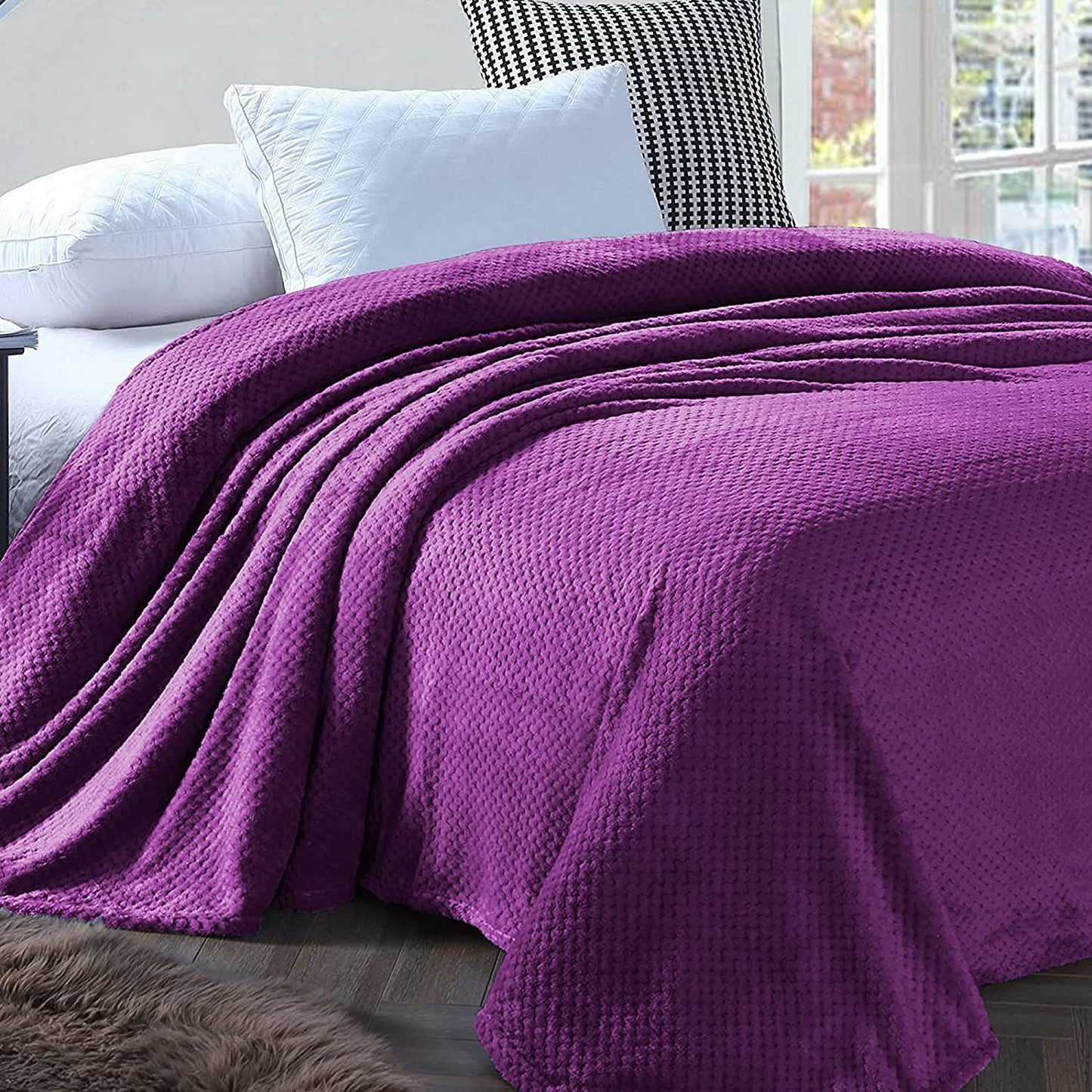 Exclusivo Mezcla Waffle Textured Soft Fleece Blanket, Queen Size Bed Blanket, Cozy Warm and Lightweight (Purple, 90x90 inches)