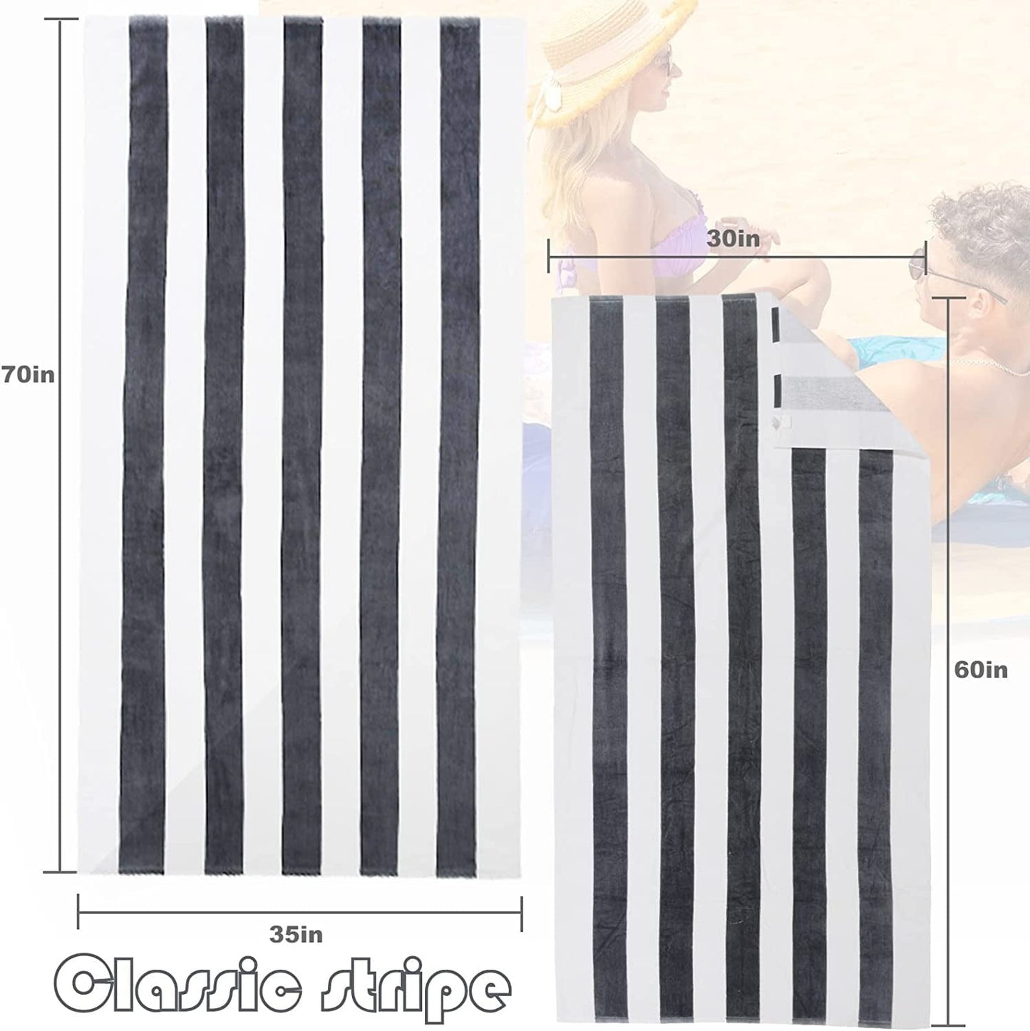 Exclusivo Mezcla Cotton Oversized 35"x70" Cabana Stripe Beach Towel, Super Absorbent Soft Plush Pool Towel, Bath Towel (Charcoal Grey)