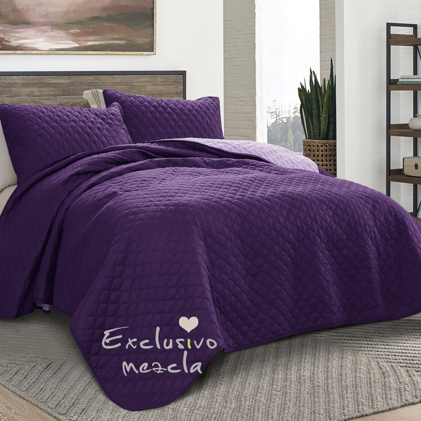 Exclusivo Mezcla Ultrasonic Reversible King Size Quilt Bedding Set with Pillow Shams, Lightweight Quilts King Size, Soft Bedspreads Bed Coverlets for All Seasons - (Deep Purple, 104"x96")