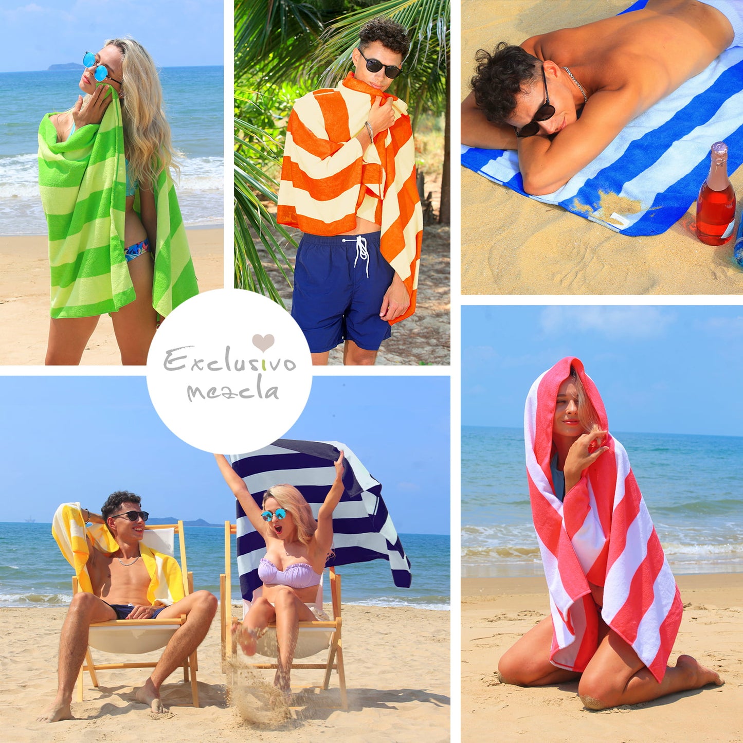 Exclusivo Mezcla 4-Pack Microfiber Cabana Striped Large Beach/Pool/Bath Towel for Adults (Light Green, 30" x 60") - Soft, Quick Dry, Lightweight and Absorbent