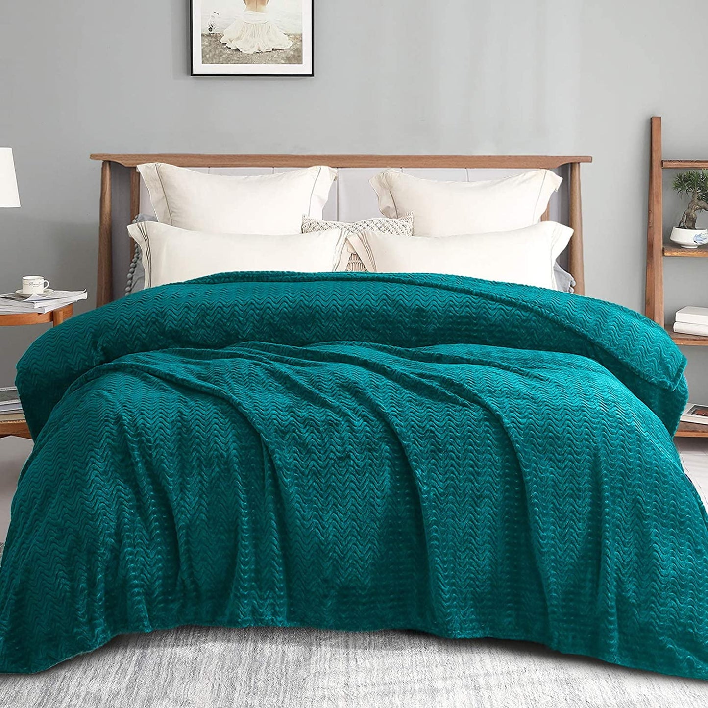 Exclusivo Mezcla King Size Jacquard Weave Wave Pattern Flannel Fleece Velvet Plush Bed Blanket as Bedspread/Coverlet/Bed Cover (90" x 104", Teal) - Soft, Lightweight, Warm and Cozy