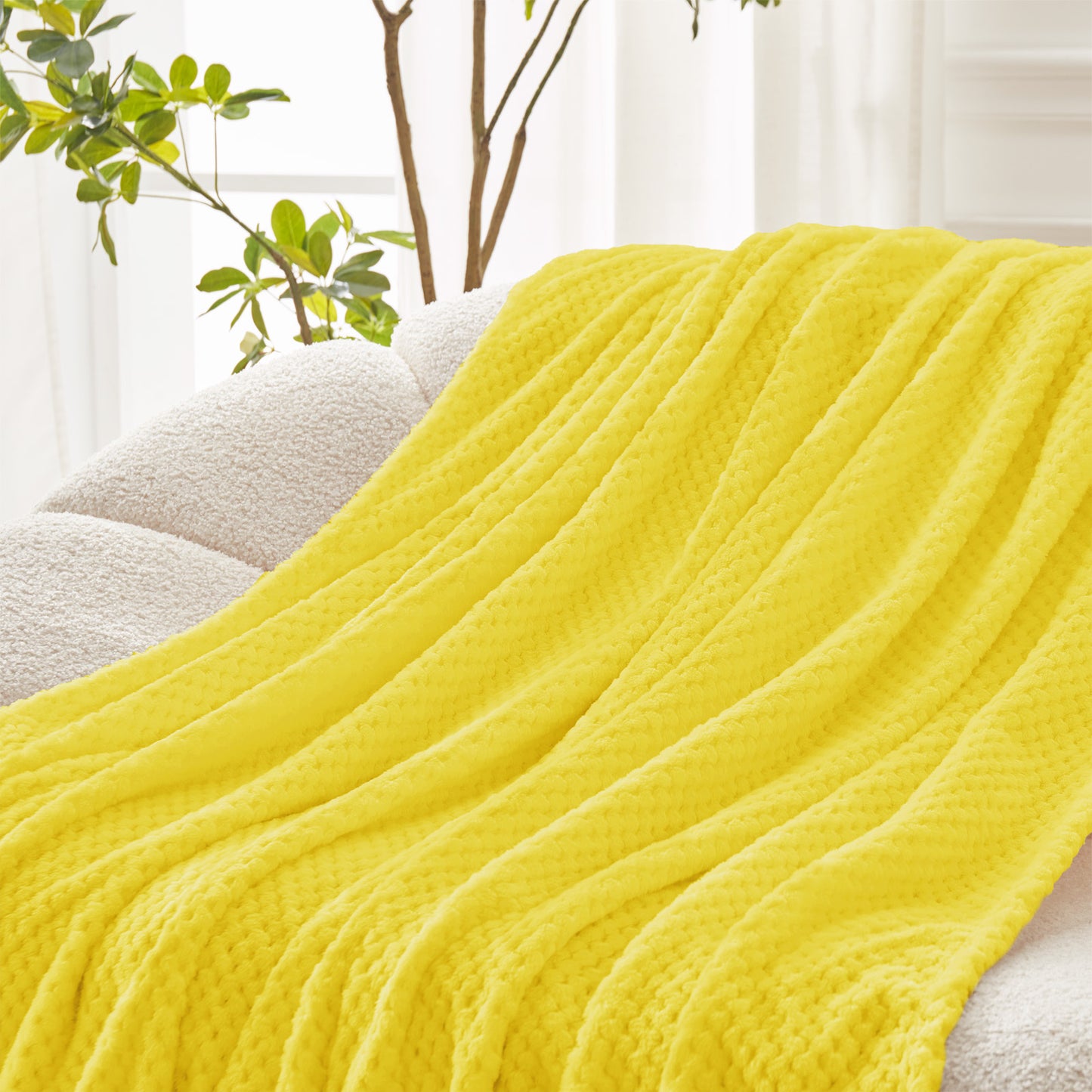 Exclusivo Mezcla Waffle Textured Extra Large Fleece Blanket, Super Soft and Warm Throw Blanket for Couch, Sofa and Bed (Vibrant Yellow, 50x70 inches)-Cozy, Fuzzy and Lightweight