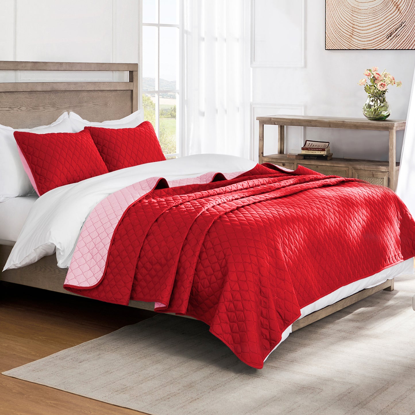 Exclusivo Mezcla Ultrasonic Reversible Full Queen Quilt Bedding Set with Pillow Shams, Lightweight Quilts Queen Size, Soft Bedspreads Bed Coverlets for All Seasons - (Red, 90"x96")