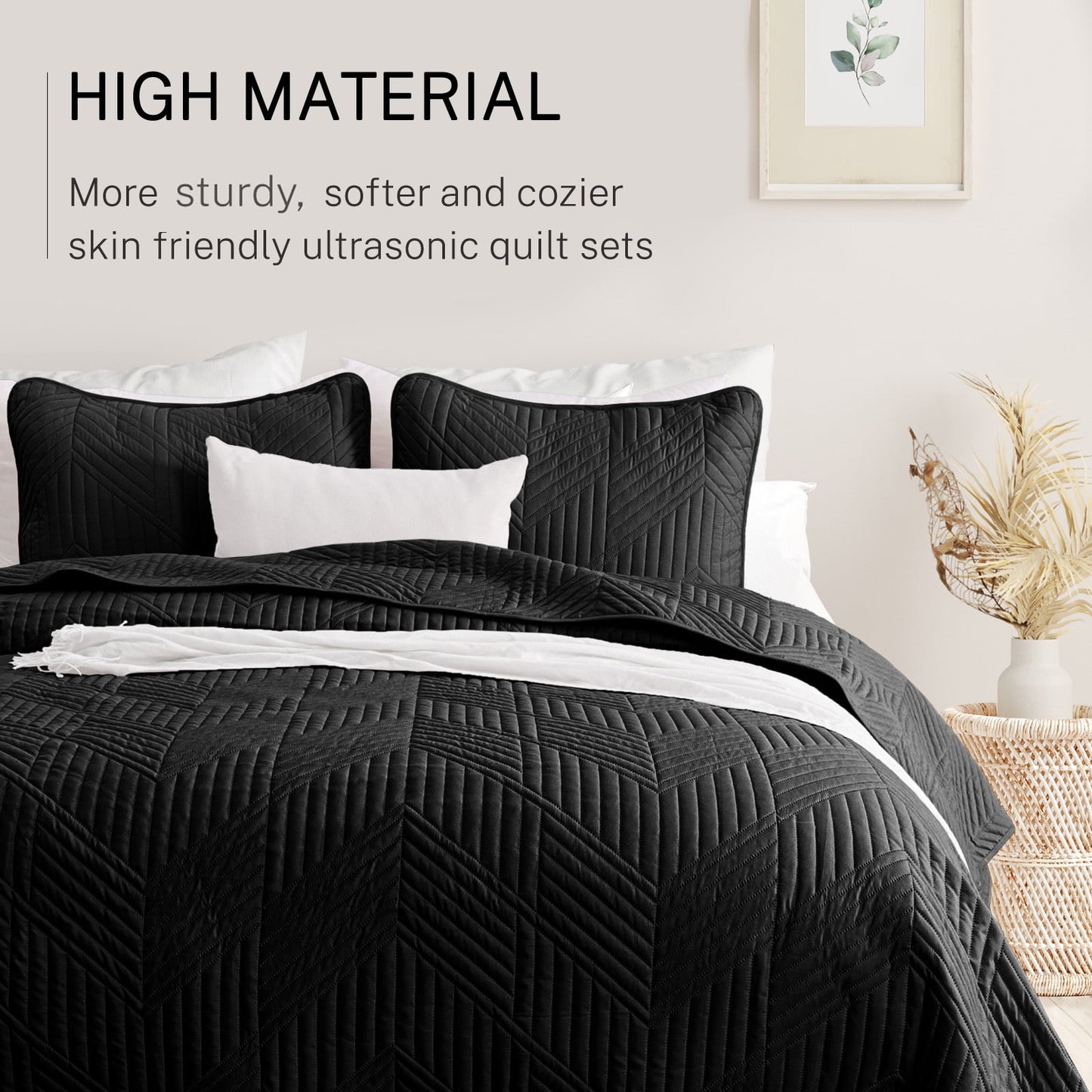 Exclusivo Mezcla Ultrasonic Full Queen Quilt Bedding Set, Lightweight Black Bedspreads Soft Modern Geometric Coverlet Set for All Seasons (1 Quilt and 2 Pillow Shams)