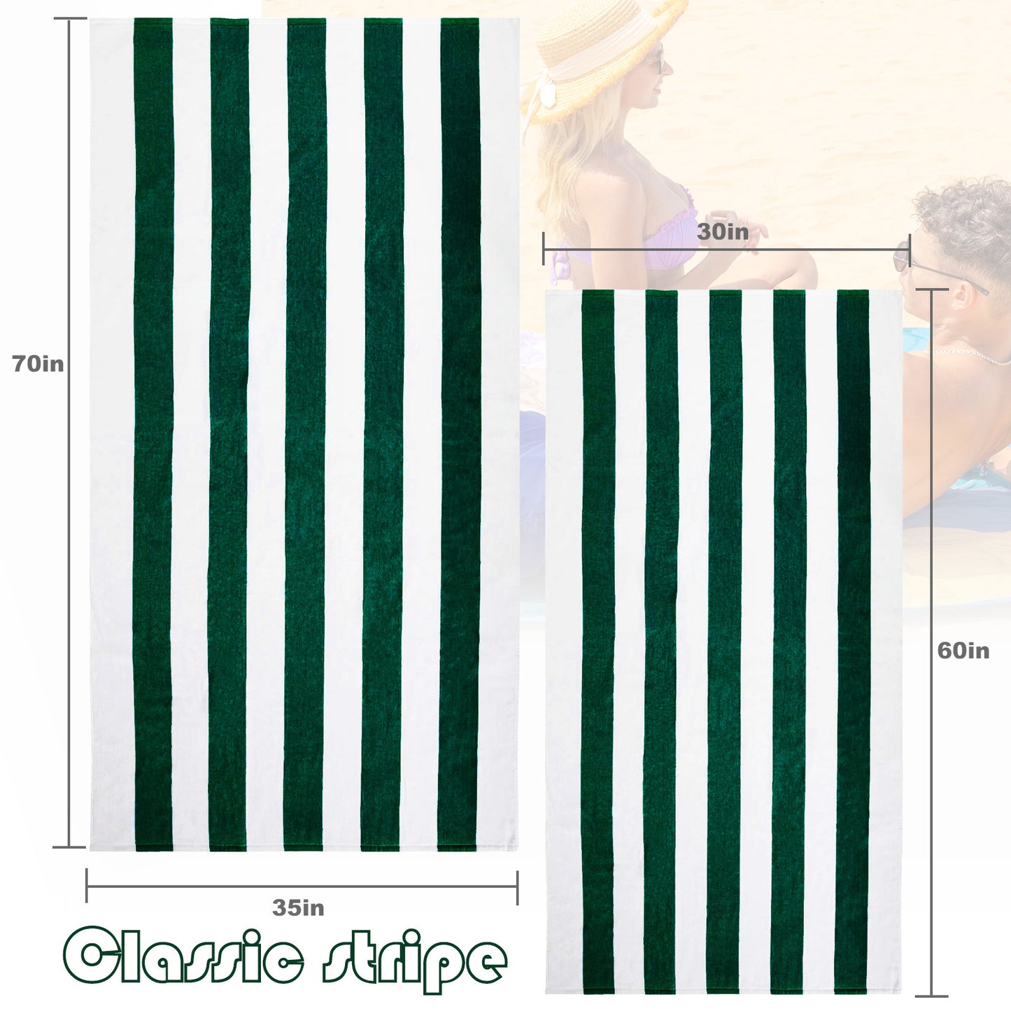 Exclusivo Mezcla 2-Pack 100% Cotton Oversized 35"x70" Cabana Stripe Beach Towels, Super Absorbent Soft Plush Pool Towel, Bath Towel (Forest Green)