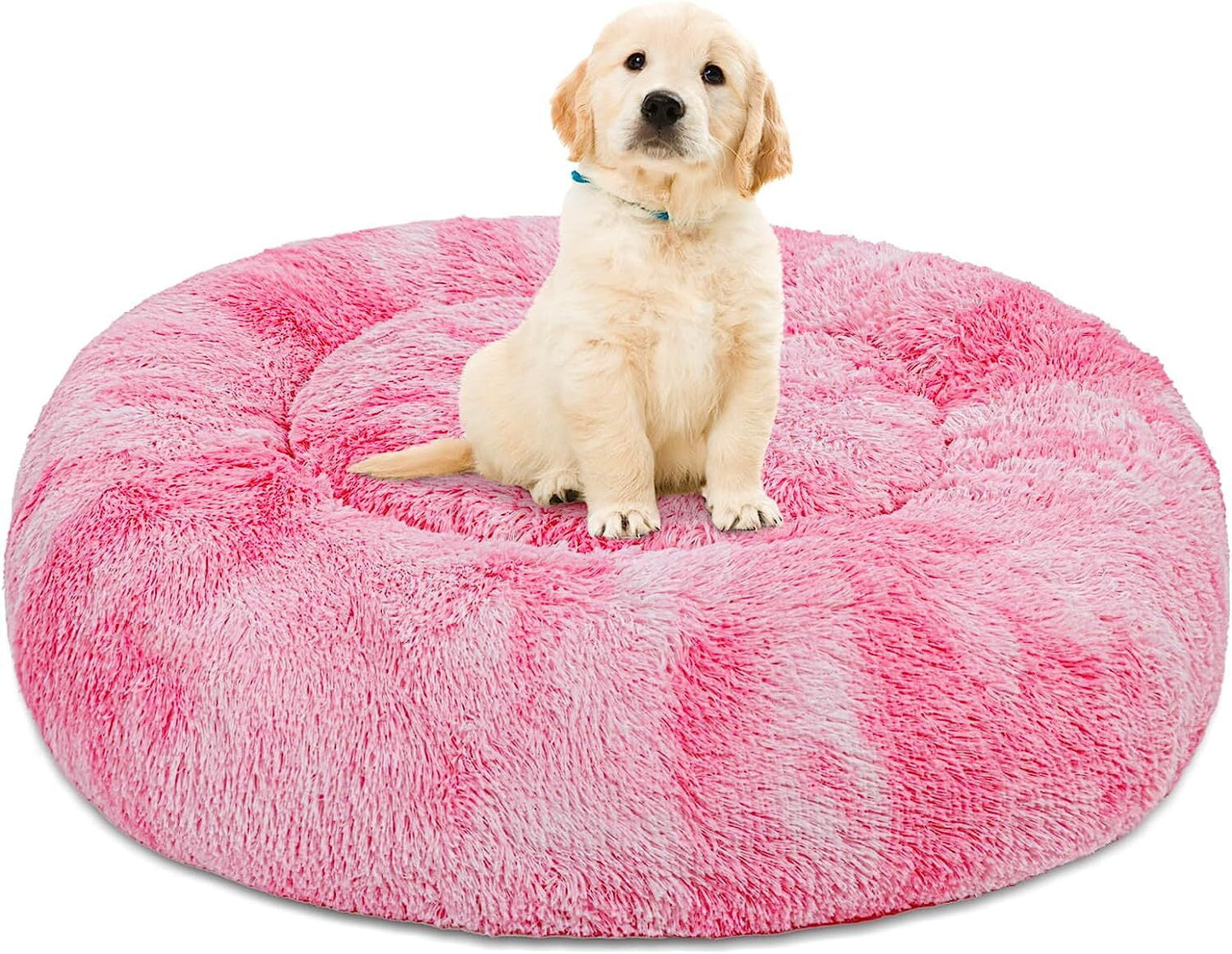 Exclusivo Mezcla Calming Donut Pet Bed for Medium Dogs 32", Anti-Anxiety Plush Cozy Warming Dog Bed, Gradient Pink