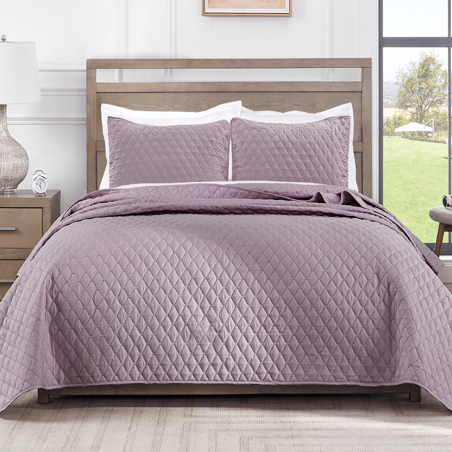 Exclusivo Mezcla Ultrasonic Reversible Full Queen Quilt Bedding Set with Pillow Shams, Lightweight Quilts Queen Size, Soft Bedspreads Bed Coverlets for All Seasons - (Lilac Ash, 90"x96")