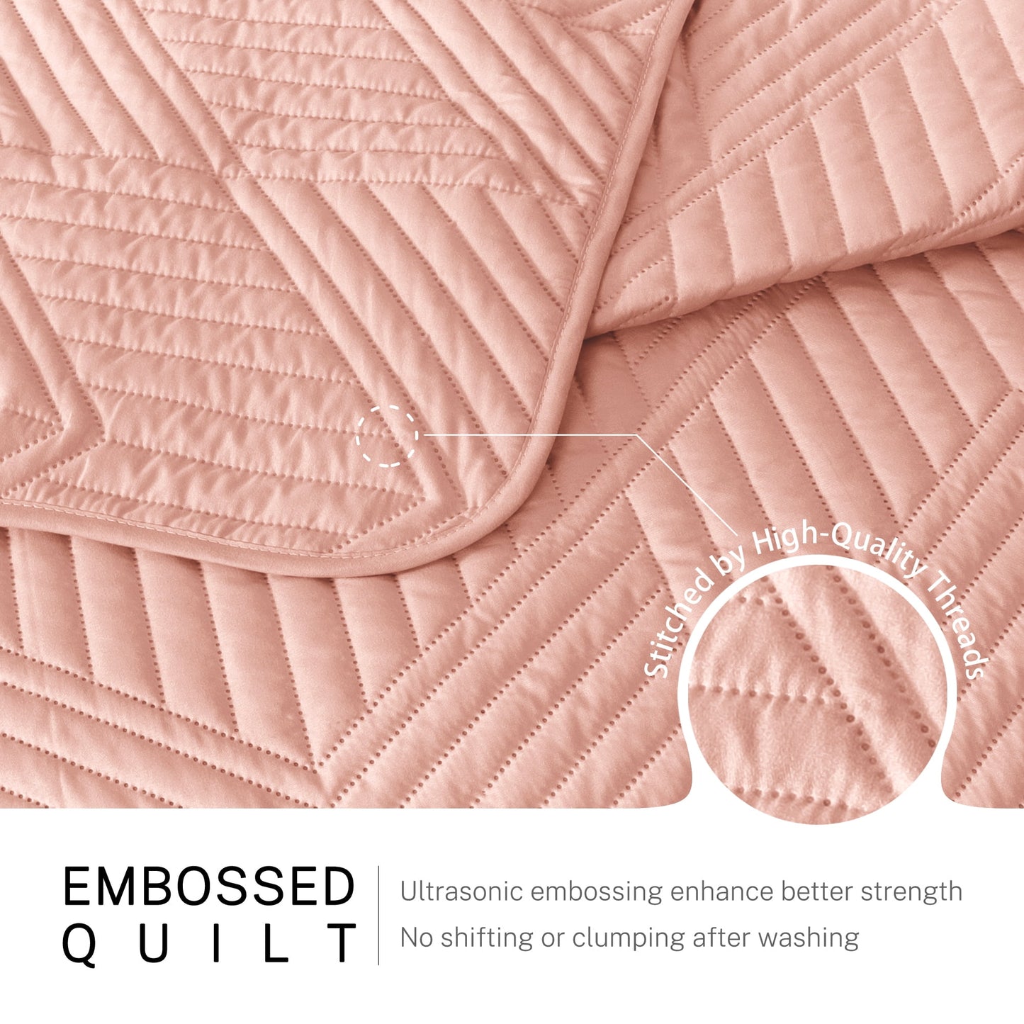 Exclusivo Mezcla Ultrasonic Full Queen Quilt Bedding Set, Lightweight Blush Pink Bedspreads Soft Modern Geometric Coverlet Set for All Seasons (1 Quilt and 2 Pillow Shams)