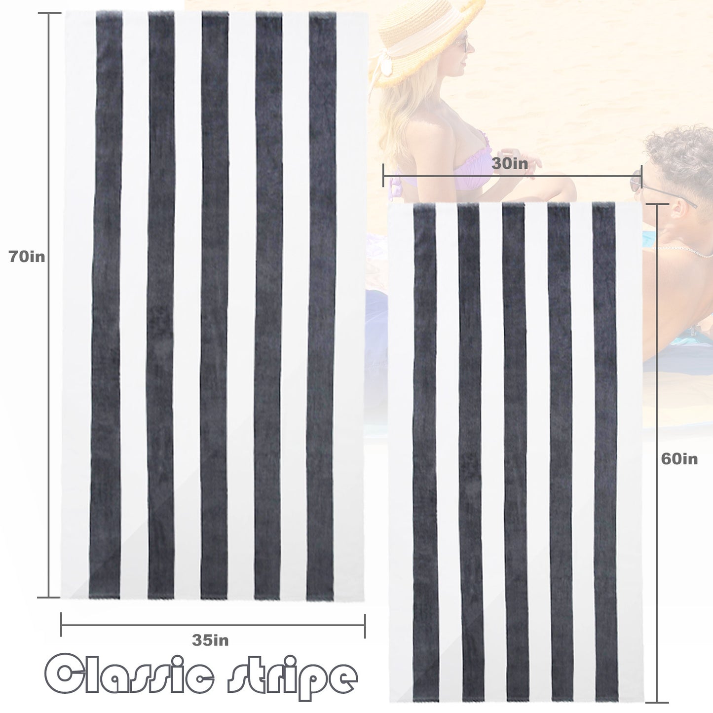 Exclusivo Mezcla 2-Pack Cotton Large Cabana Stripe Beach Towels, Super Absorbent Soft Plush Pool Towel, Bath Towel (Charcoal Grey, 30"x60")