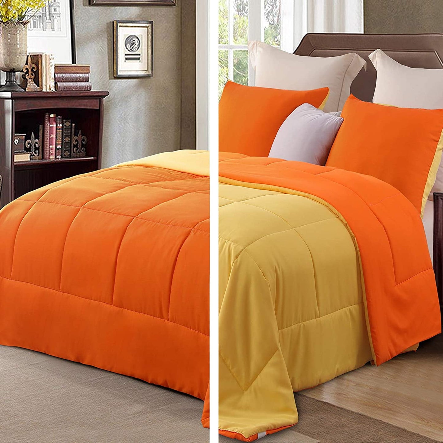 Exclusivo Mezcla Lightweight Reversible 3-Piece Comforter Set All Seasons, Down Alternative Comforter with 2 Pillow Shams, King Size, Orange/ Yellow