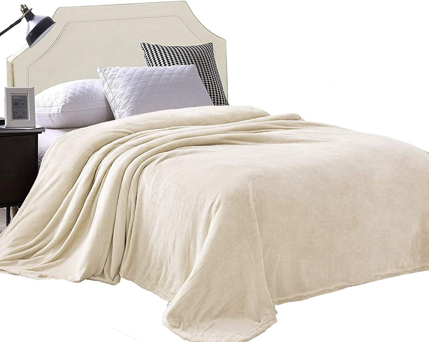 Exclusivo Mezcla Queen Size Flannel Fleece Velvet Plush Bed Blanket as Bedspread, Coverlet, Bed Cover (90x90 inches, Ivory) Soft, Lightweight, Warm and Cozy