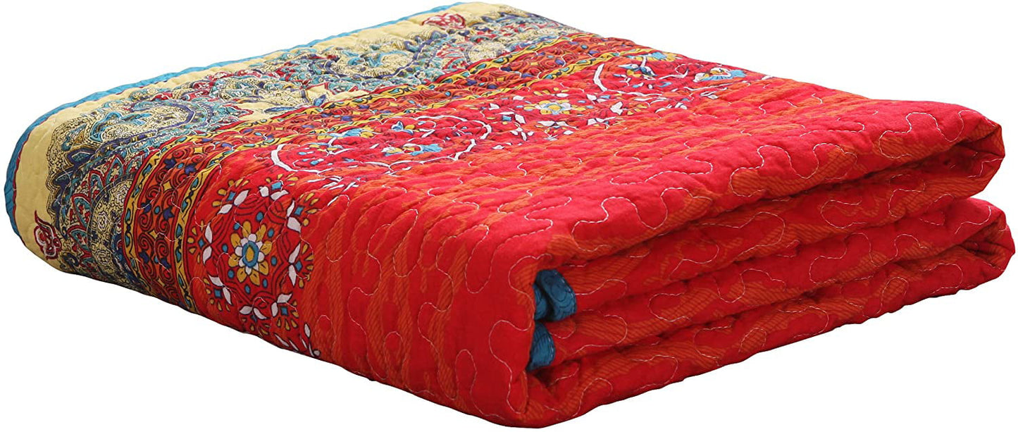 Exclusivo Mezcla Luxury Reversible 100% Cotton Paisley Boho Stripe Quilted Throw Blanket 60" x 50" Machine Washable and Dryable