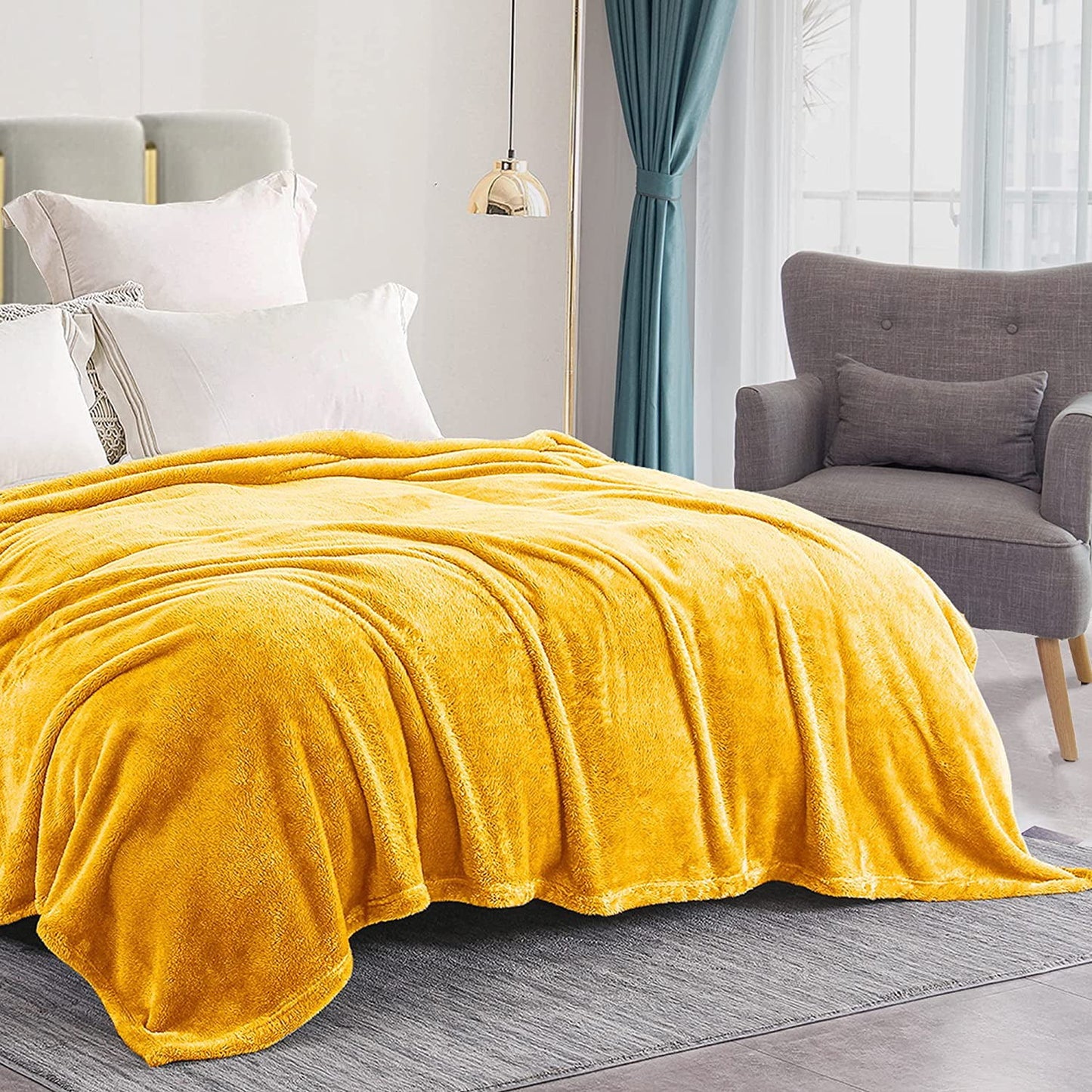 Exclusivo Mezcla Plush Fuzzy Fleece King Size Bed Blanket, Super Soft Fluffy and Thick Blankets for Travel Bed and Couch (Mustard Yellow, 90x104 inches)