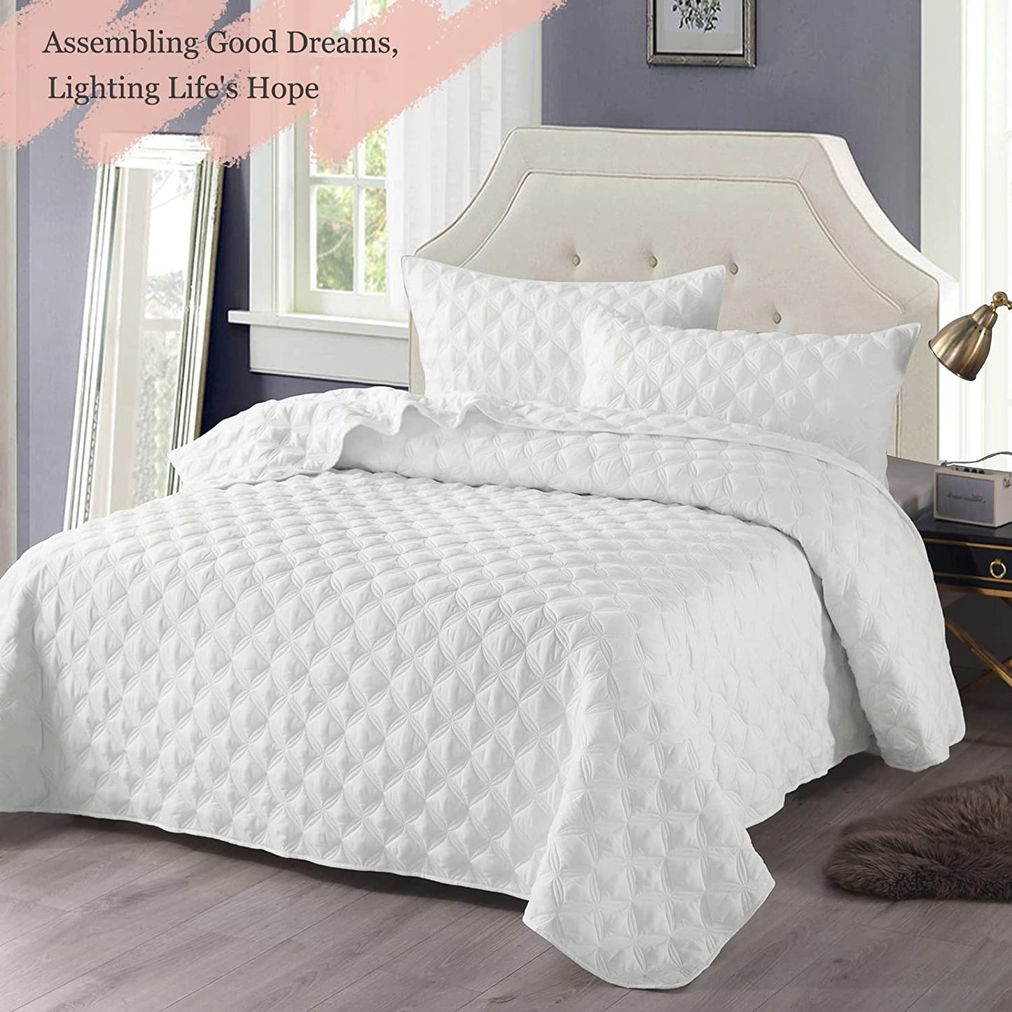 Exclusivo Mezcla Bed Quilt Set Queen Size for All Seasons, Stitched Pattern Quilted Bedspread/ Bedding Set/ Coverlet with 2 Pillow shams, Lightweight and Soft, White