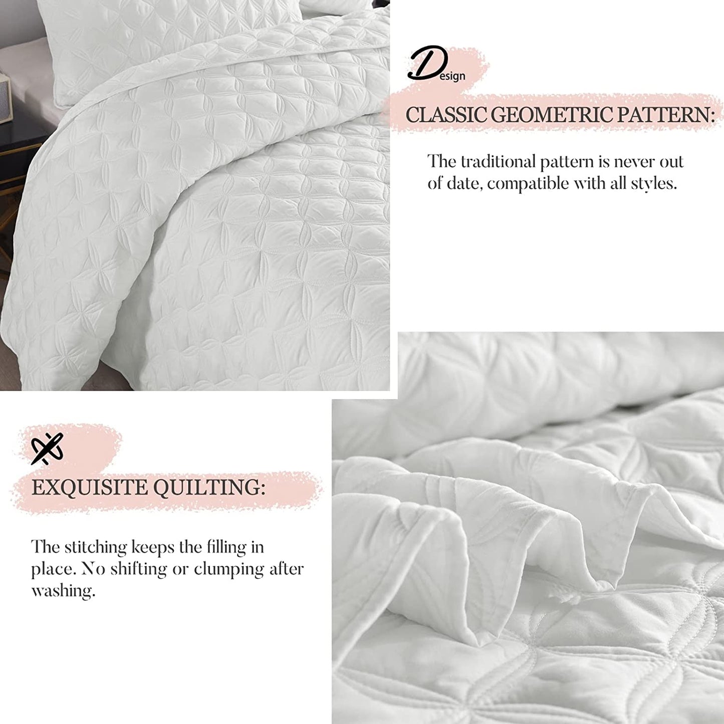 Exclusivo Mezcla Bed Quilt Set Queen Size for All Seasons, Stitched Pattern Quilted Bedspread/ Bedding Set/ Coverlet with 2 Pillow shams, Lightweight and Soft, White