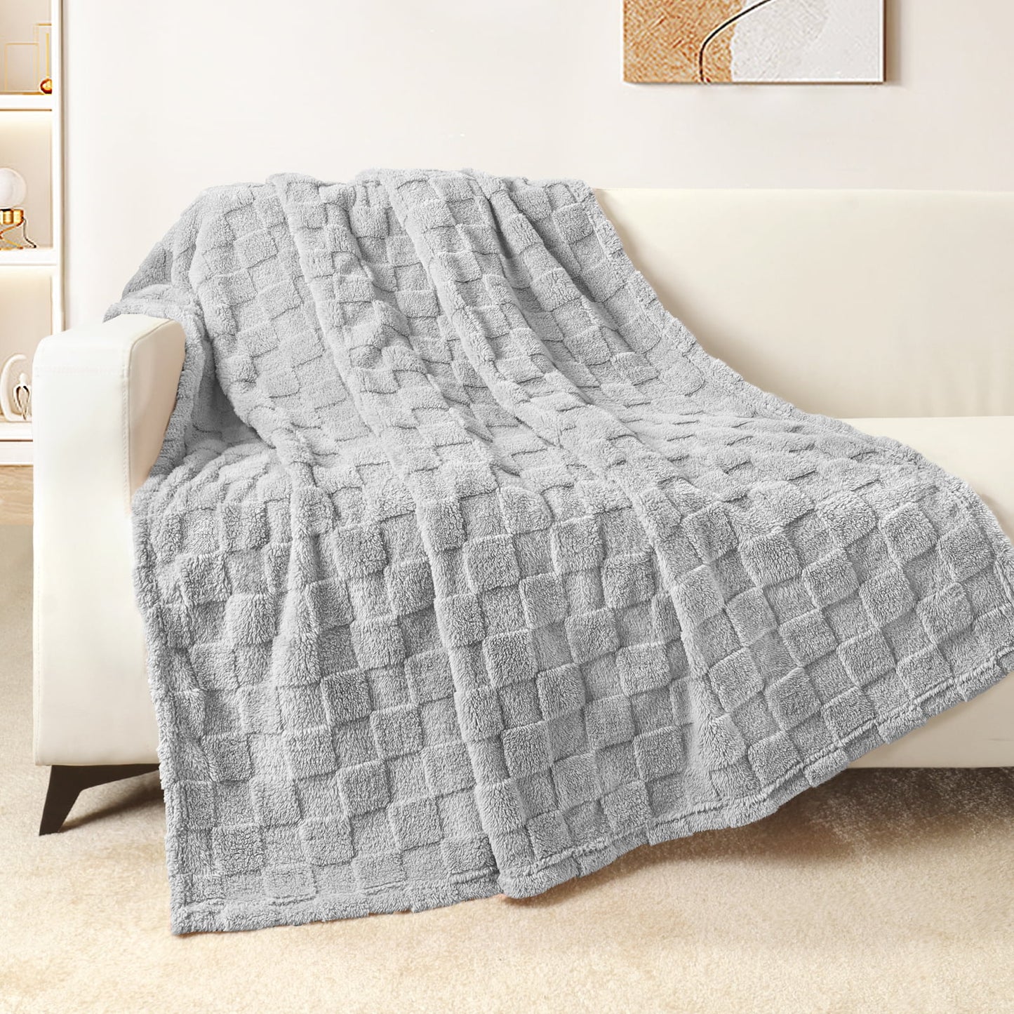 Exclusivo Mezcla Fleece Throw Blanket for Couch, Super Soft 3D Checkered Jacquard Bed Blanket, Cozy Fluffy Lightweight Blanket for All Seasons, 50x60 Inches, Light Grey Blanket