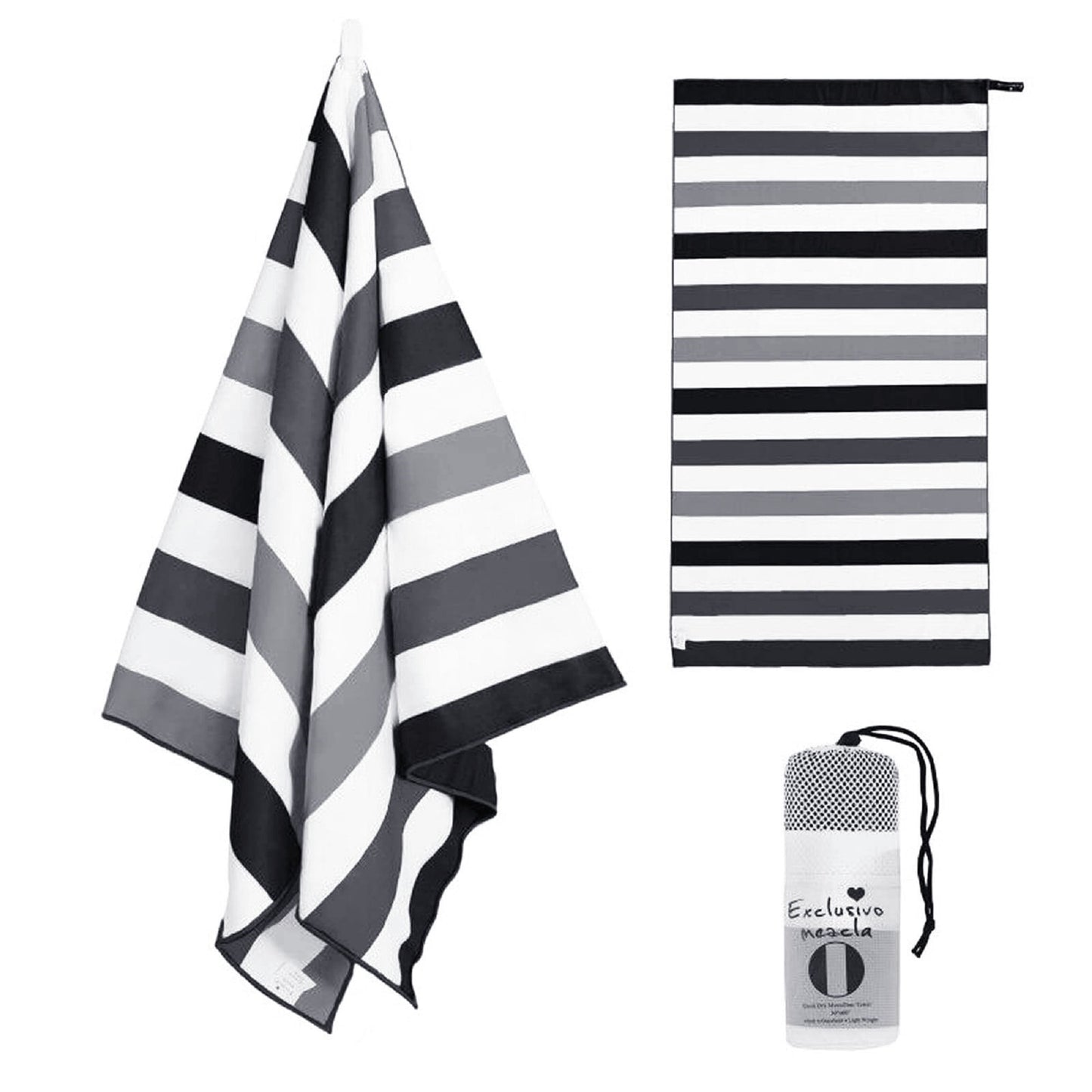 Exclusivo Mezcla Microfiber Quick Dry Beach Towel, Oversized Sand Free Beach Towel for Travel/ Camping/ Sports (Striped Black, 35"X70") - Super Absorbent, Compact and Lightweight
