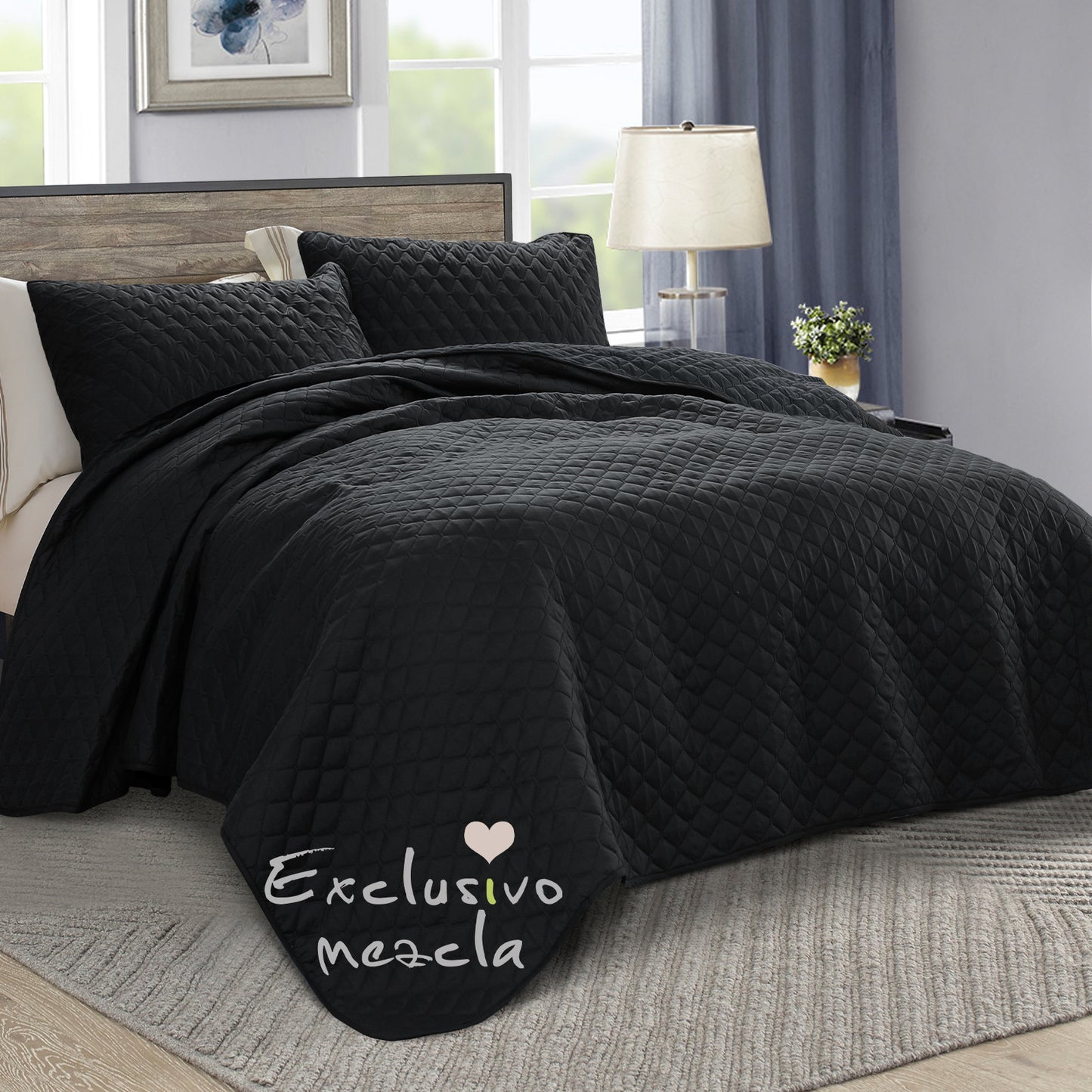 Exclusivo Mezcla Ultrasonic Reversible Full Queen Quilt Bedding Set with Pillow Shams, Lightweight Quilts Queen Size, Soft Bedspreads Bed Coverlets for All Seasons - (Black, 90"x96")