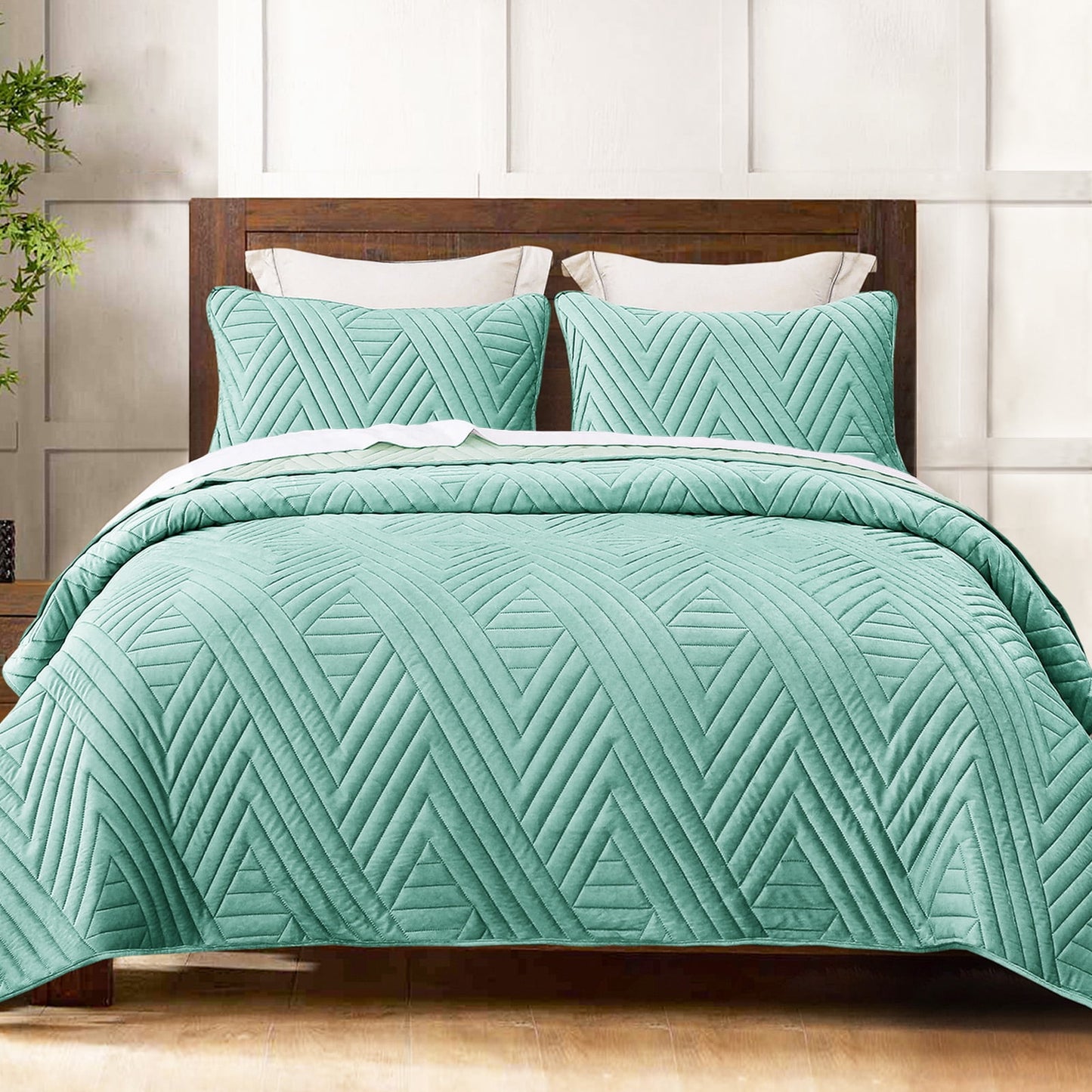Exclusivo Mezcla Super Plush Velvet Quilt King Size with Pillow Shams, Luxury Soft Reversible 3 Piece Bedspreads Coverlet Comforter set for all seasons, Lightweight and Warm, Aqua Green