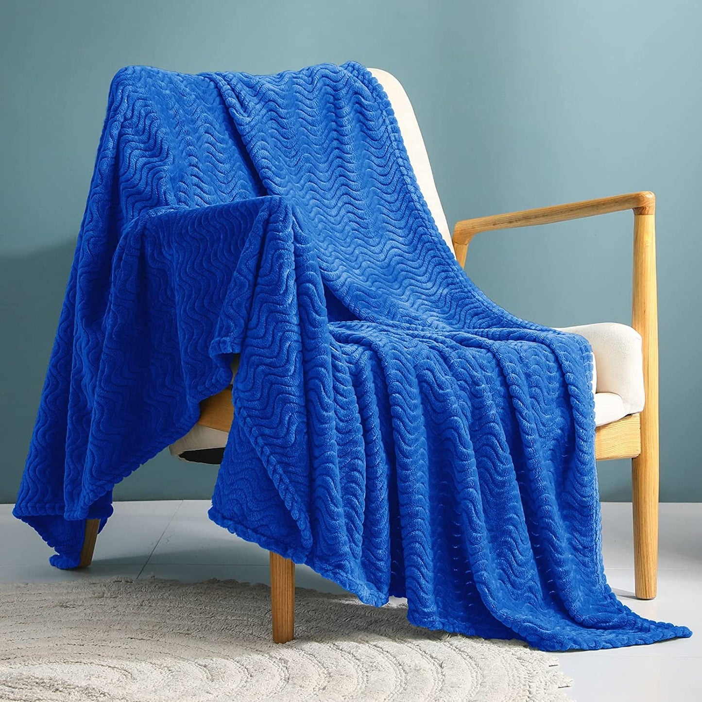Exclusivo Mezcla Large Flannel Fleece Throw Blanket, 50x70 Inches Soft Jacquard Weave Wave Pattern Blanket for Couch, Cozy, Warm, Lightweight and Decorative Cobalt Blue Blanket