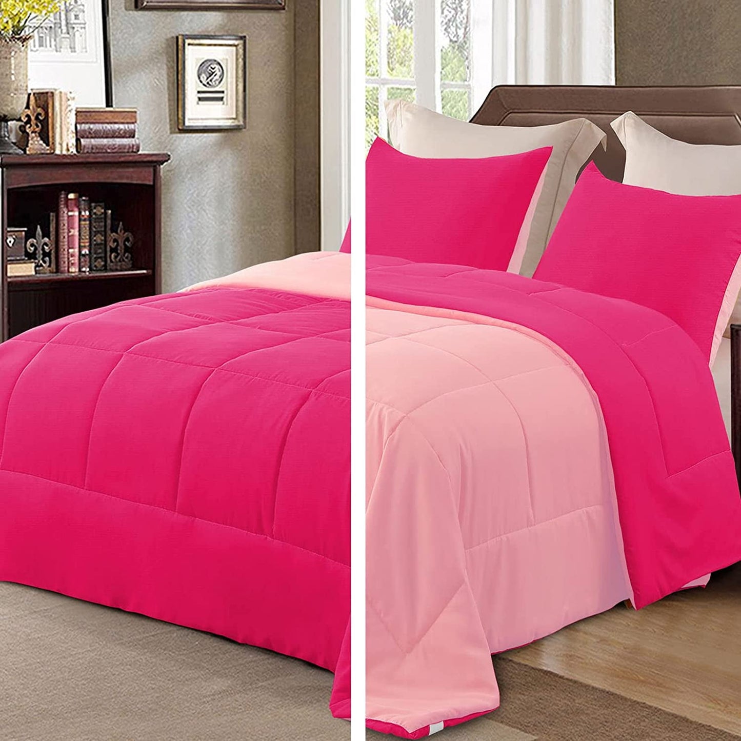 Exclusivo Mezcla Lightweight Reversible 3-Piece Comforter Set All Seasons, Down Alternative Comforter with 2 Pillow Shams, Queen Size, Hot Pink/ Blush Pink