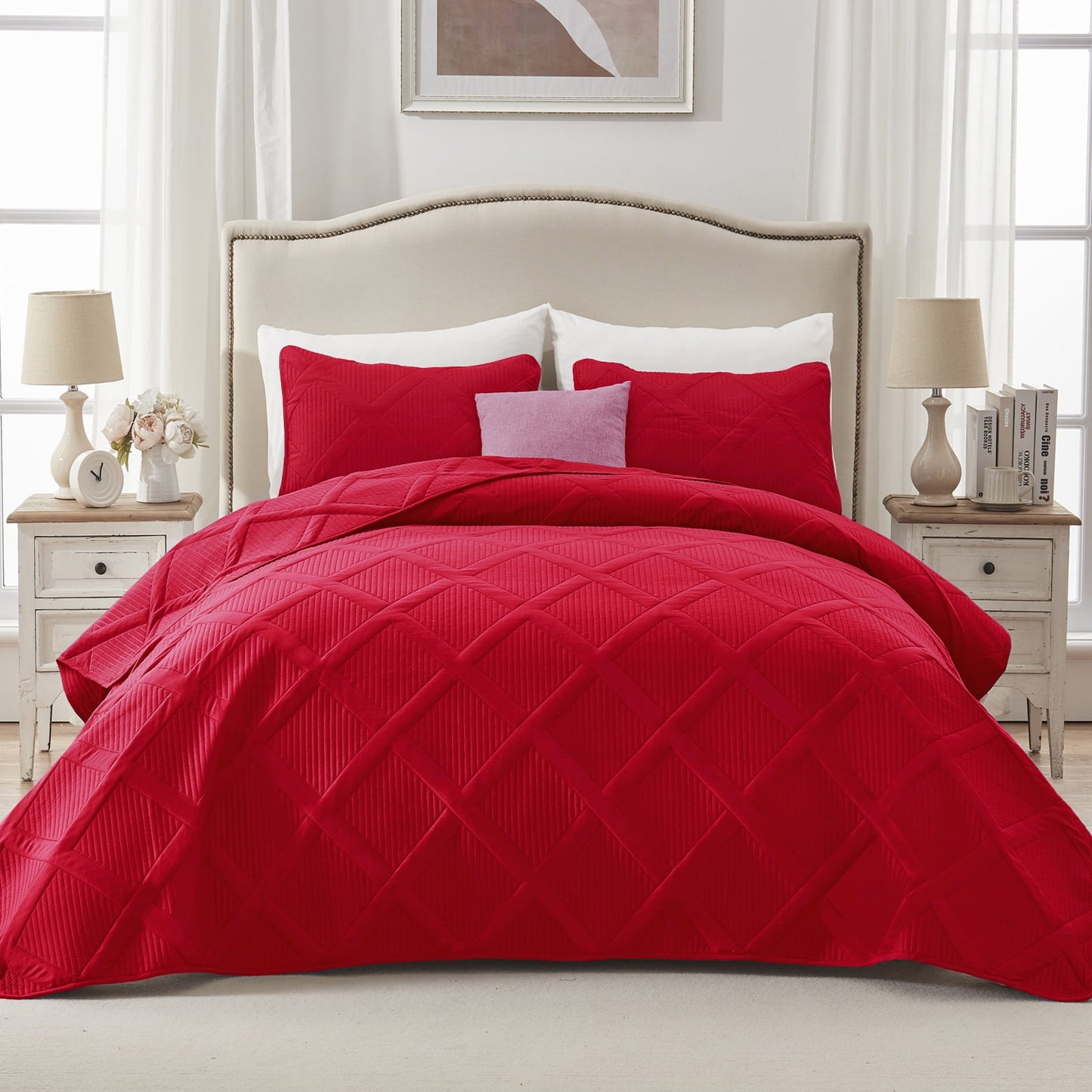 Exclusivo Mezcla Ultrasonic King Quilt Set, Lightweight Bedspreads Modern Striped Coverlet with 2 Pillow Shams, Red