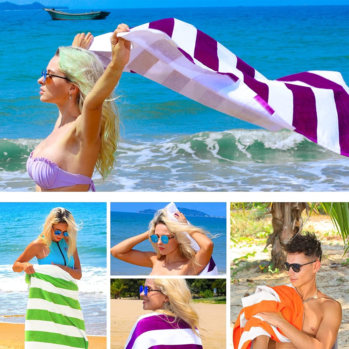 Exclusivo Mezcla 2-Pack 100% Cotton Oversized 35"x70" Cabana Stripe Beach Towels, Super Absorbent Soft Plush Pool Towel, Bath Towel (Purple)