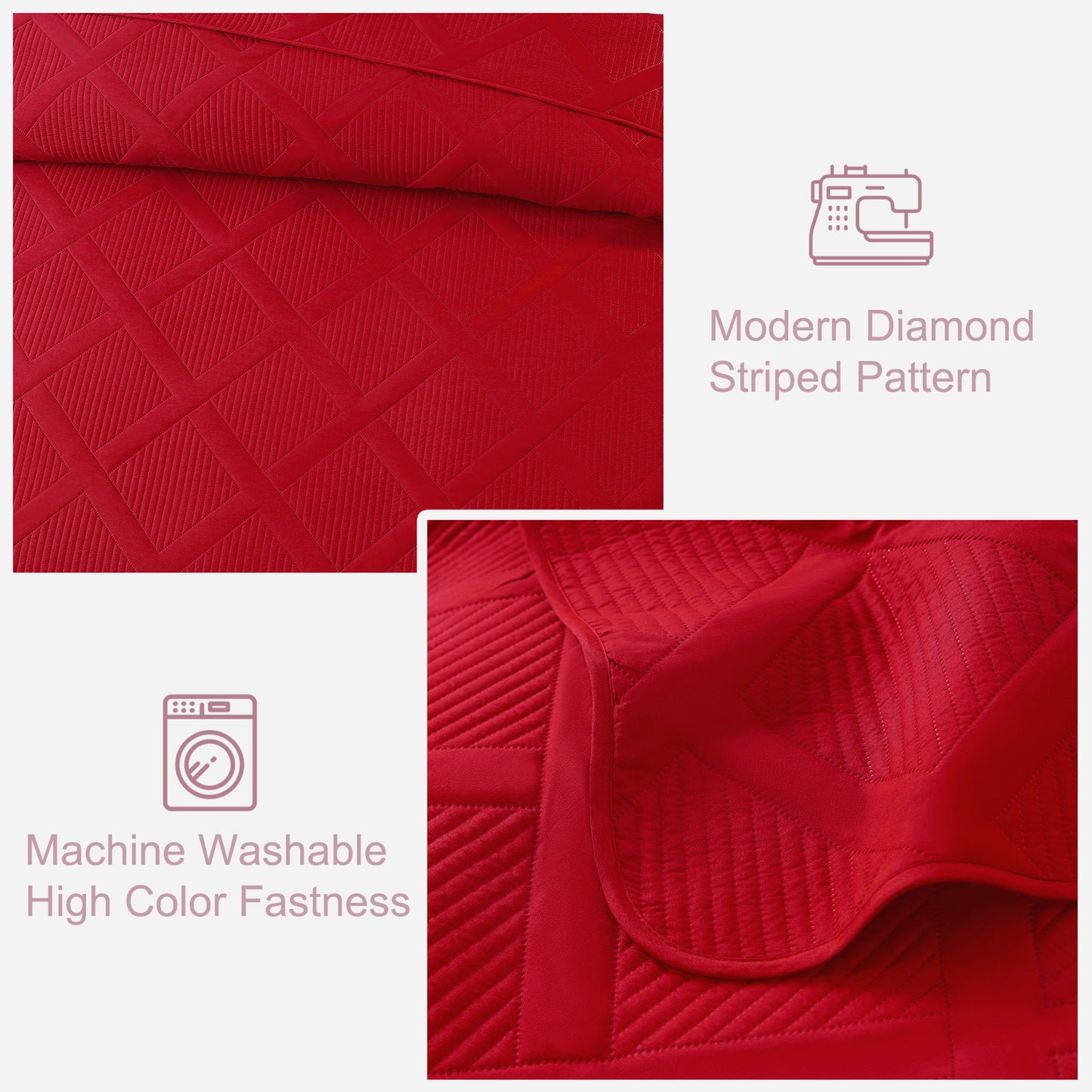 Exclusivo Mezcla Ultrasonic Full Queen Quilt Set, Lightweight Bedspreads Modern Striped Coverlet with 2 Pillow Shams, Red