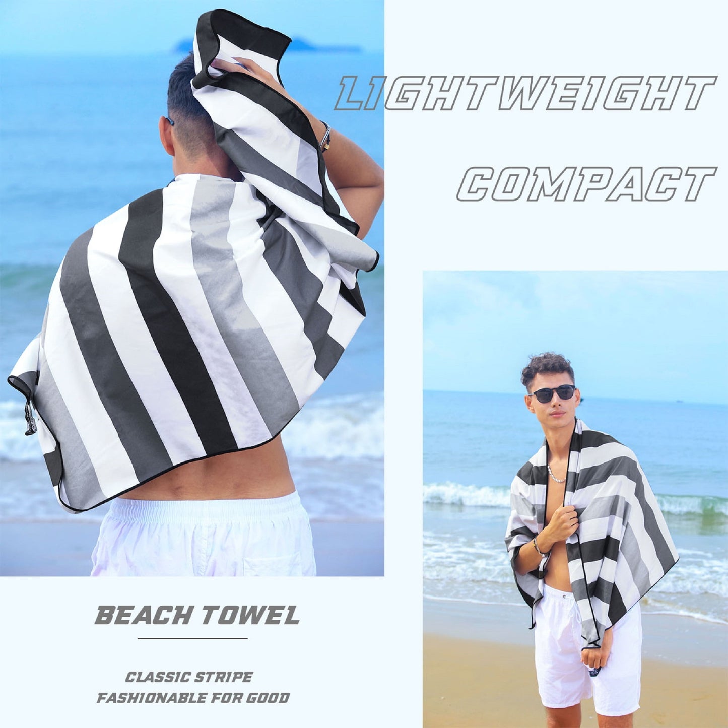 Exclusivo Mezcla Microfiber Quick Dry Beach Towel, Oversized Sand Free Beach Towel for Travel/ Camping/ Sports (Striped Black, 35"X70") - Super Absorbent, Compact and Lightweight
