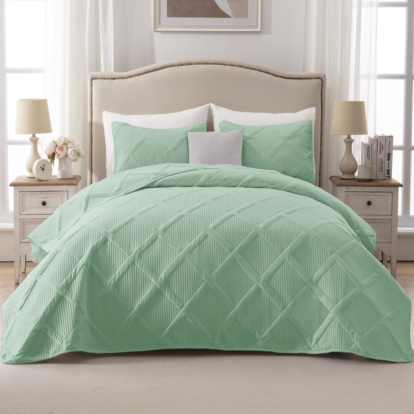 Exclusivo Mezcla Ultrasonic Twin/ Twin XL Quilt Set, Lightweight Bedspreads Modern Striped Coverlet with 1 Pillow Sham, Mint Green