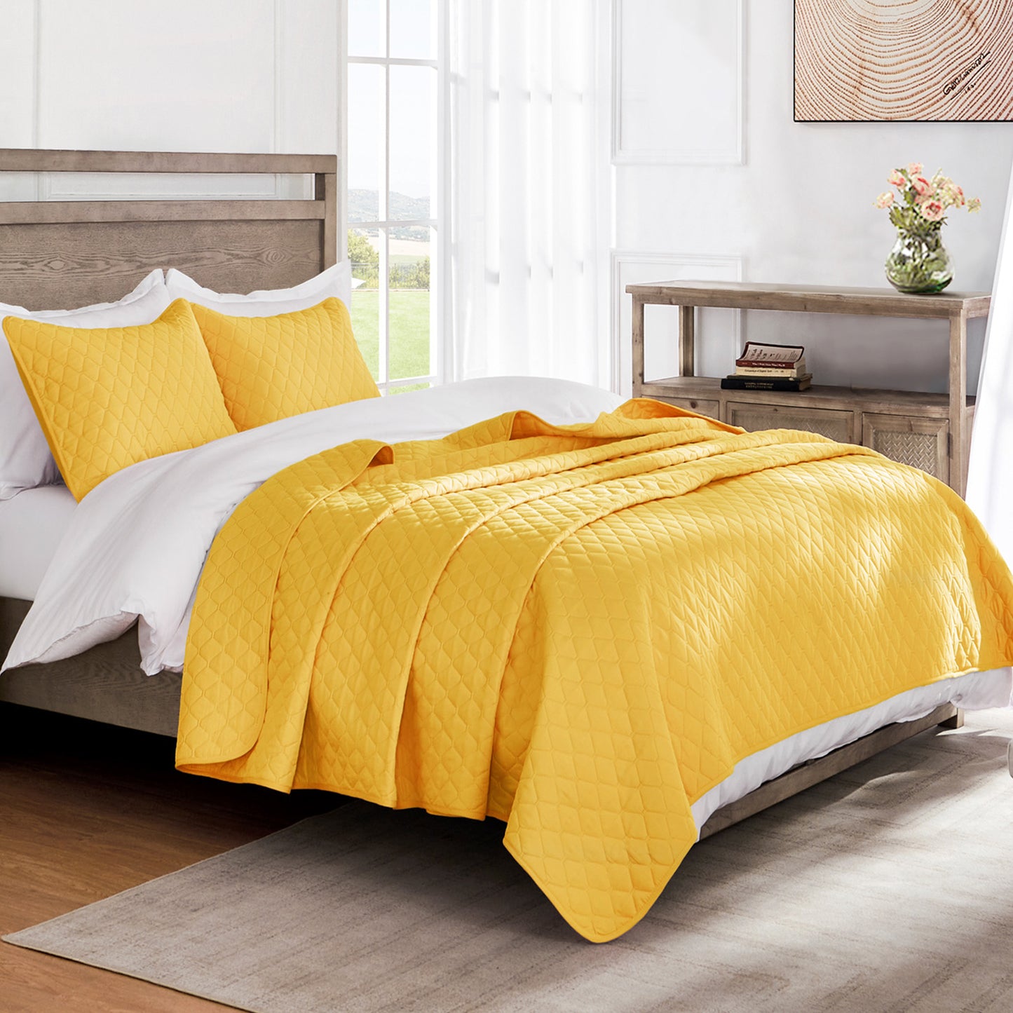 Exclusivo Mezcla Ultrasonic Reversible Twin Quilt Bedding Set with Pillow Sham, Lightweight Quilts Twin Size, Soft Bedspreads Bed Coverlets for All Seasons - (Bright Yellow, 68"x88")