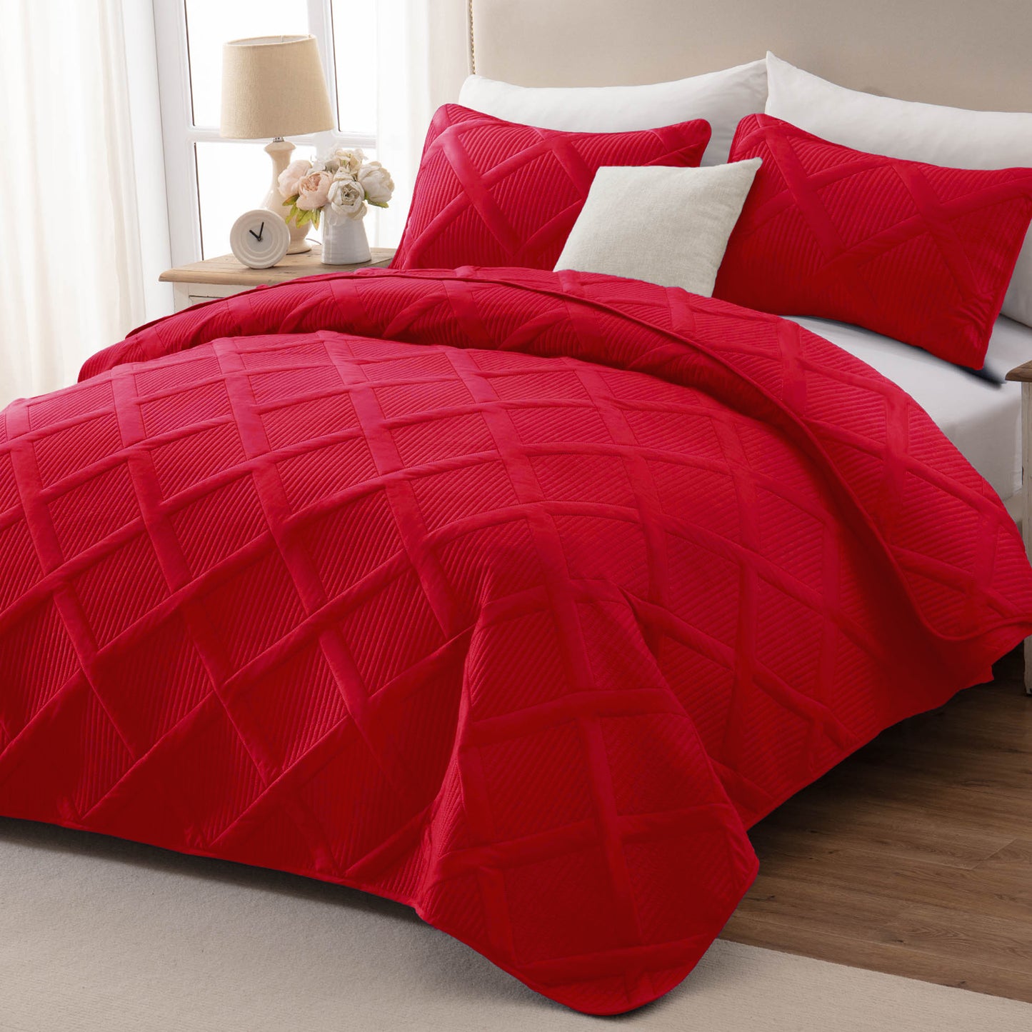 Exclusivo Mezcla Ultrasonic Full Queen Quilt Set, Lightweight Bedspreads Modern Striped Coverlet with 2 Pillow Shams, Red