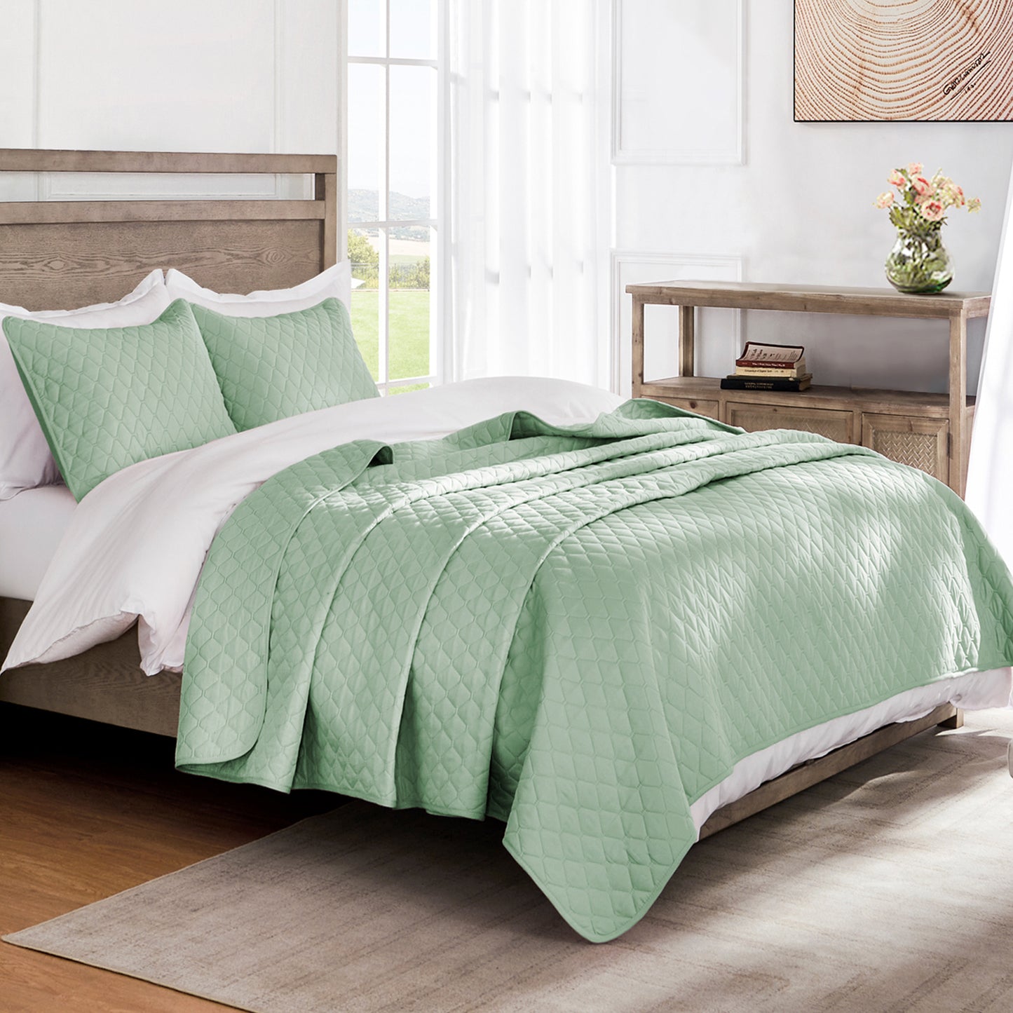 Exclusivo Mezcla Ultrasonic Reversible Full Queen Quilt Bedding Set with Pillow Shams, Lightweight Quilts Queen Size, Soft Bedspreads Bed Coverlets for All Seasons - (Mint Green, 90"x96")