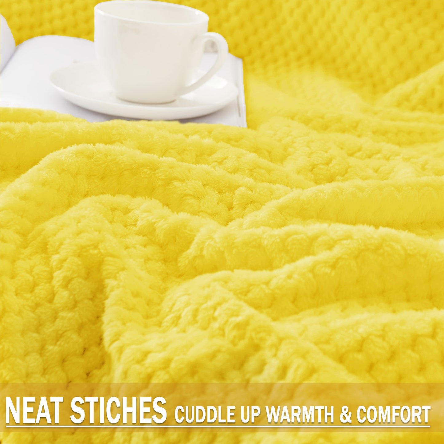 Exclusivo Mezcla Waffle Textured Extra Large Fleece Blanket, Super Soft and Warm Throw Blanket for Couch, Sofa and Bed (Vibrant Yellow, 50x70 inches)-Cozy, Fuzzy and Lightweight