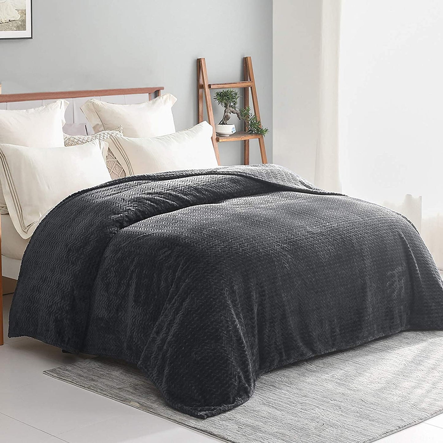 Exclusivo Mezcla Queen Size Jacquard Weave Wave Pattern Flannel Fleece Velvet Plush Bed Blanket as Bedspread/Coverlet/Bed Cover (90" x 90", Grey) - Soft, Lightweight, Warm and Cozy