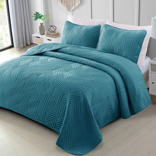 Exclusivo Mezcla Ultrasonic Twin Quilt Bedding Set, Lightweight Teal Bedspreads Soft Modern Geometric Coverlet Set for All Seasons (1 Quilt and 1 Pillow Sham)