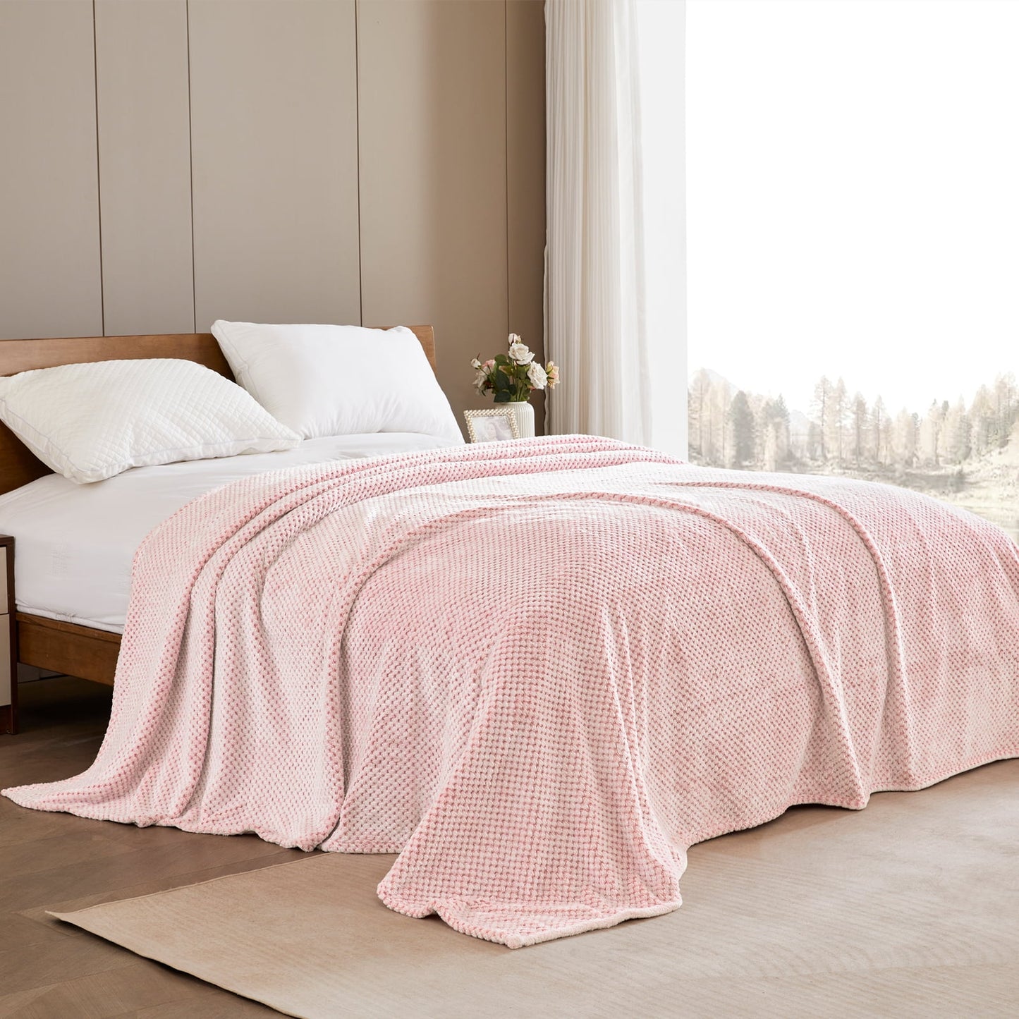 Exclusivo Mezcla Waffle Textured Soft Fleece Blanket, Queen Size Bed Blanket, Cozy Warm and Lightweight (Mixed Pink, 90x90 inches)