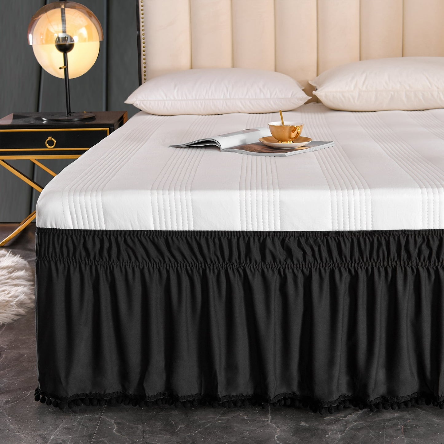 Exclusivo Mezcla Pom Pom Bed Skirt with Adjustable Elastic Belt, Easy Wrap Around Dust Ruffles with 16 Inch Tailored Drop, Wrinkle and Fade Resistant, (Full, Black)