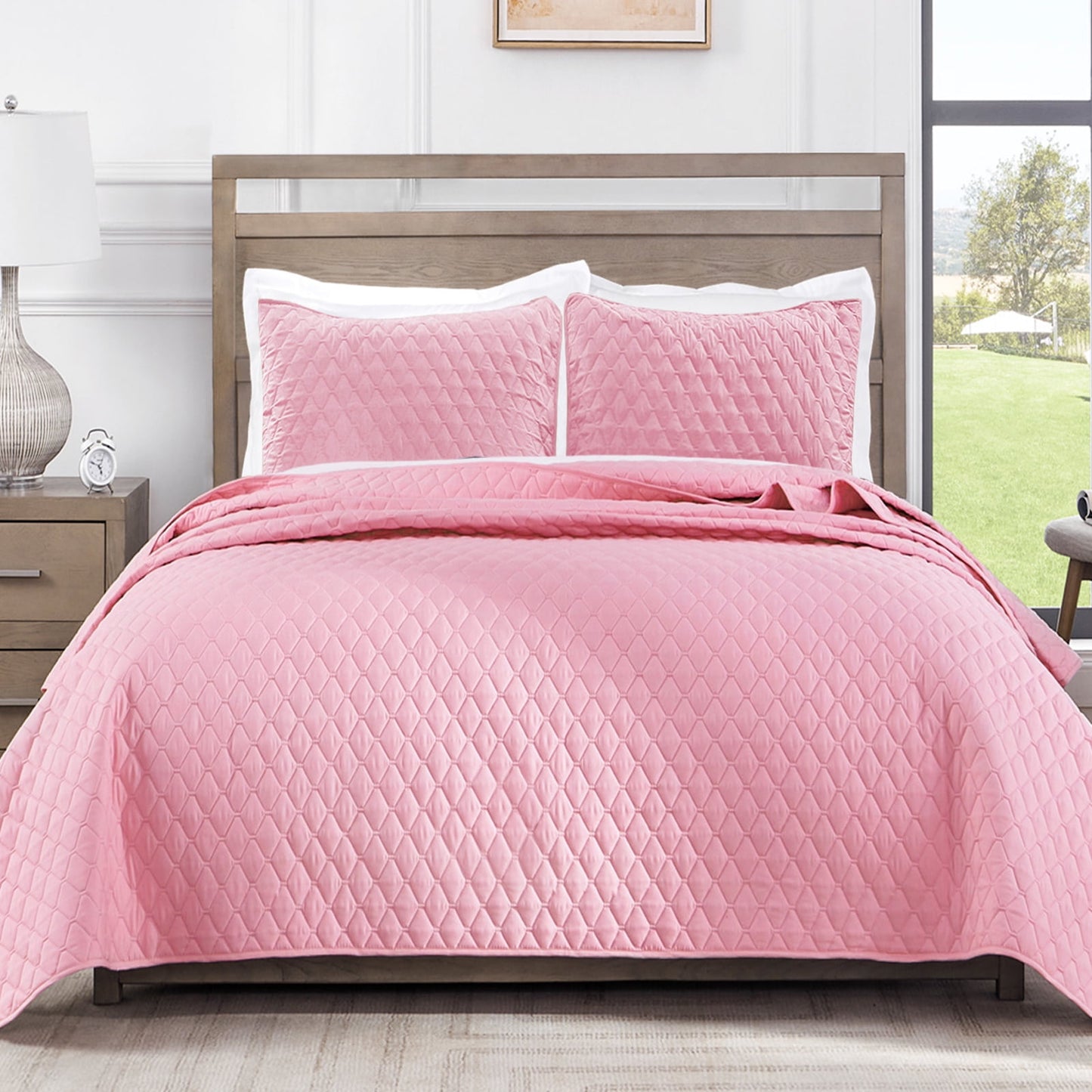Exclusivo Mezcla Ultrasonic Reversible King Size Quilt Bedding Set with Pillow Shams, Lightweight Quilts King Size, Soft Bedspreads Bed Coverlets for All Seasons - (Bright Pink, 104"x96")