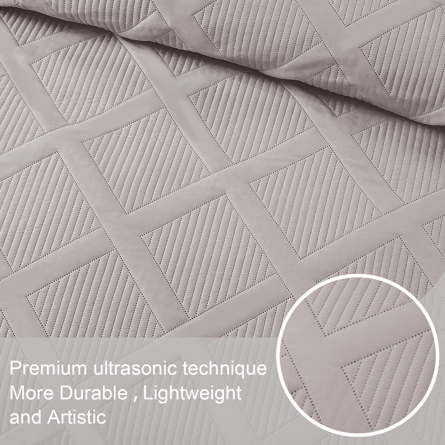 Exclusivo Mezcla Ultrasonic Full Queen Quilt Set, Lightweight Bedspreads Modern Striped Coverlet with 2 Pillow Shams, Light Grey