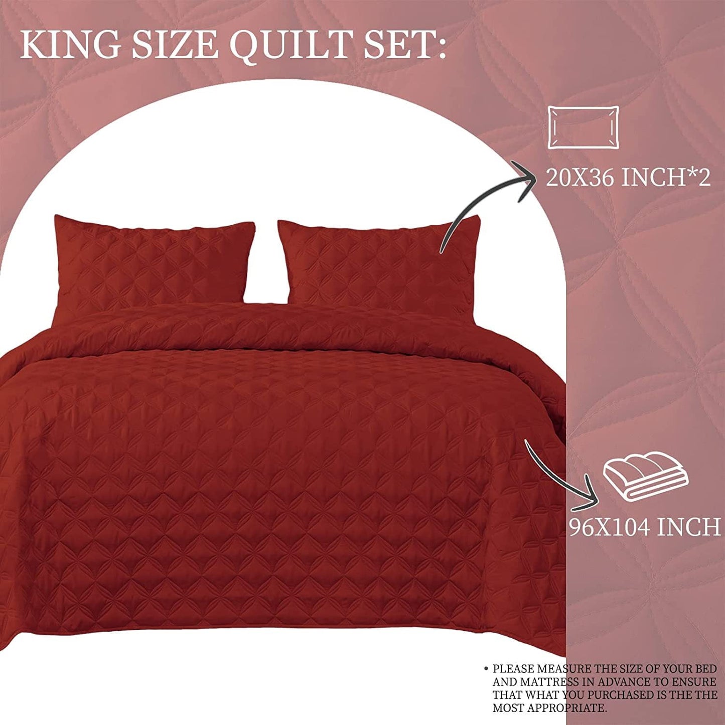 Exclusivo Mezcla Bed Quilt Set Queen Size for All Seasons, Stitched Pattern Quilted Bedspread/Bedding Set/Coverlet with 2 Pillow Shams, Lightweight and Soft, Red