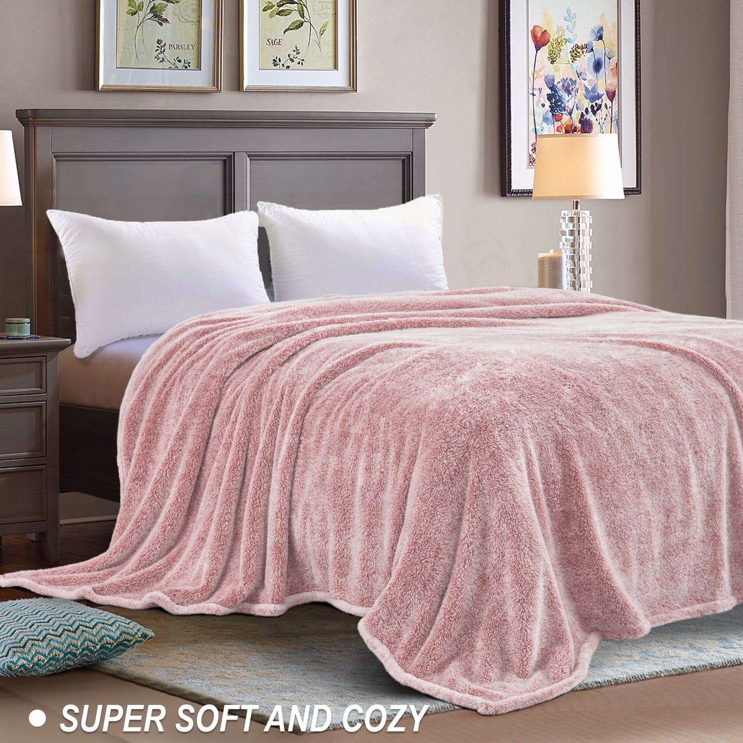 Exclusivo Mezcla Plush Fuzzy Fleece Queen Size Bed Blanket, Super Soft Fluffy and Thick Blankets for Travel Bed and Couch (Mixed Pink, 90x90 inches)