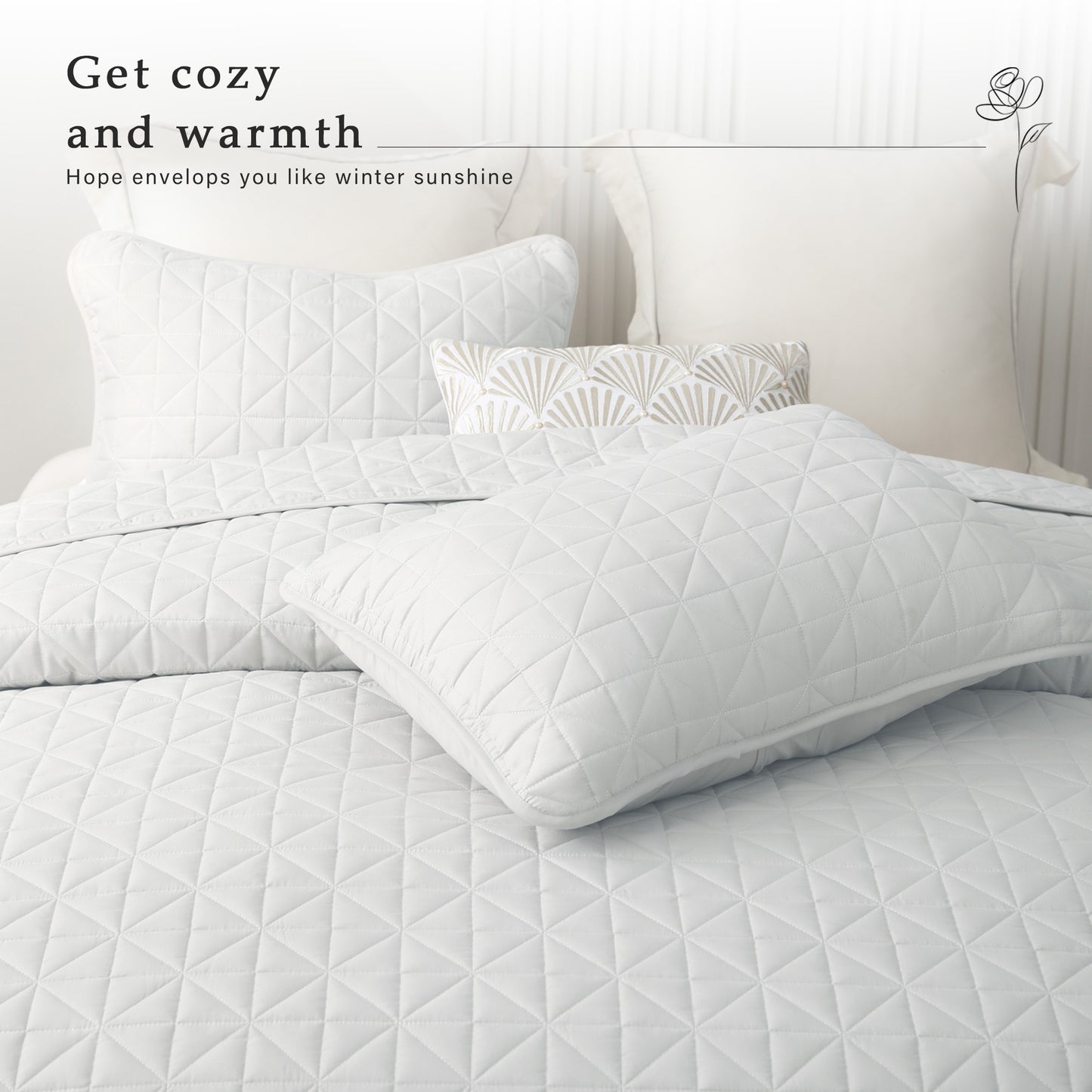 Exclusivo Mezcla King Size Quilt Bedding Set for All Seasons, Lightweight Soft White Quilts King Size Bedspreads Coverlets Bed Cover with Geometric Stitched Pattern, (1 Quilt, 2 Pillow Shams)