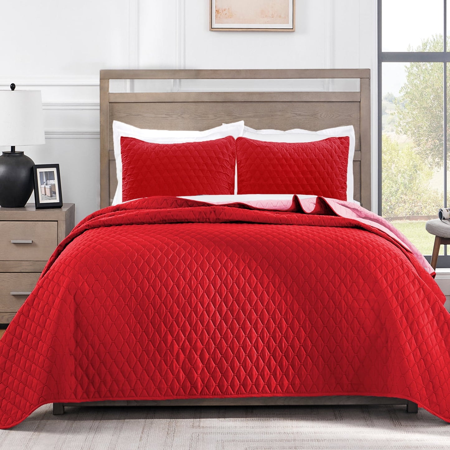 Exclusivo Mezcla Ultrasonic Reversible Full Queen Quilt Bedding Set with Pillow Shams, Lightweight Quilts Queen Size, Soft Bedspreads Bed Coverlets for All Seasons - (Red, 90"x96")