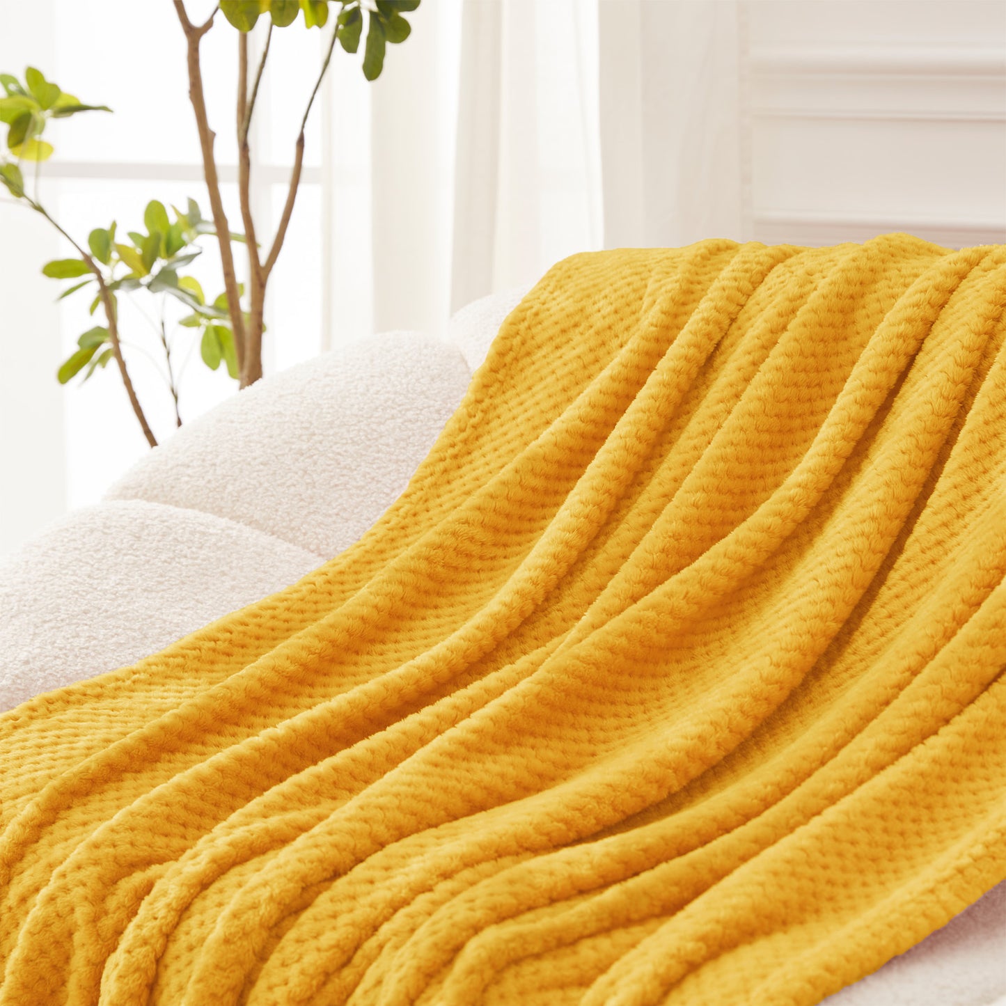 Exclusivo Mezcla Waffle Textured Soft Fleece Blanket, Twin Size Bed Blanket, Cozy Warm and Lightweight (Mustard Yellow, 90x66 inches)